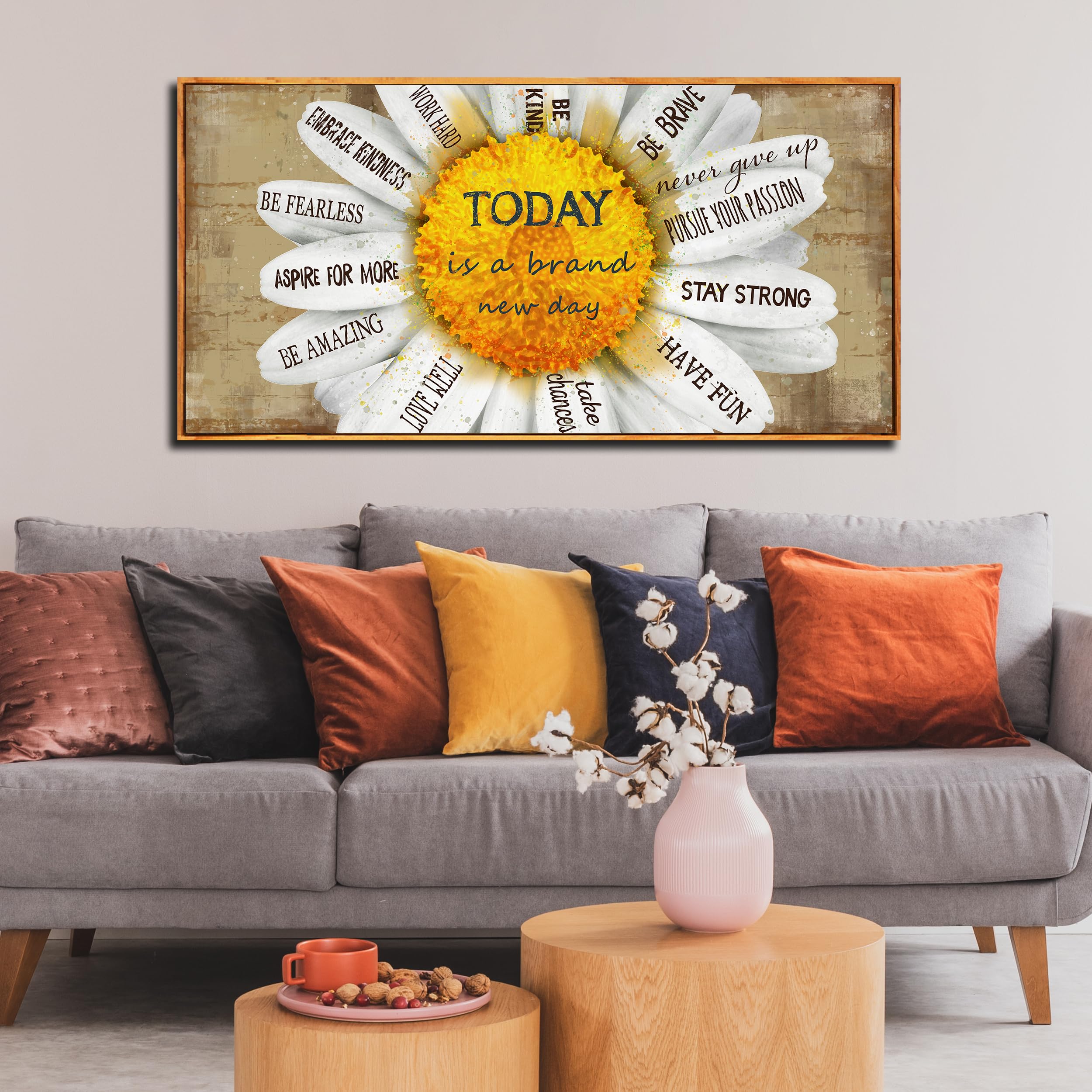 Framed Inspirational Wall Art Living Room - Yellow Pictures Wall Decor - Canvas Wall Art Flowers Ready To Hang Size 29'' X 59''
