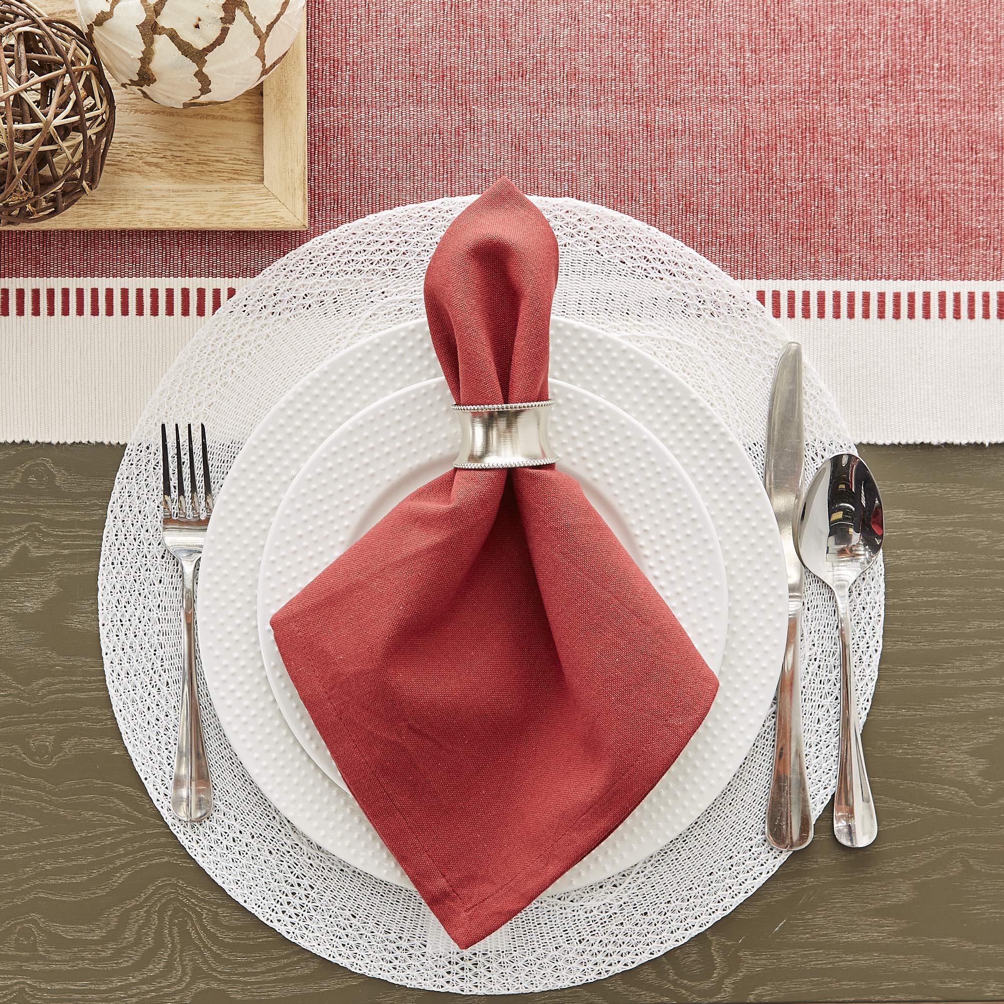 Dii Dobby Stripe Woven Table Runner, 13X108 (13X113.5, Fringe Included), Barn Red
