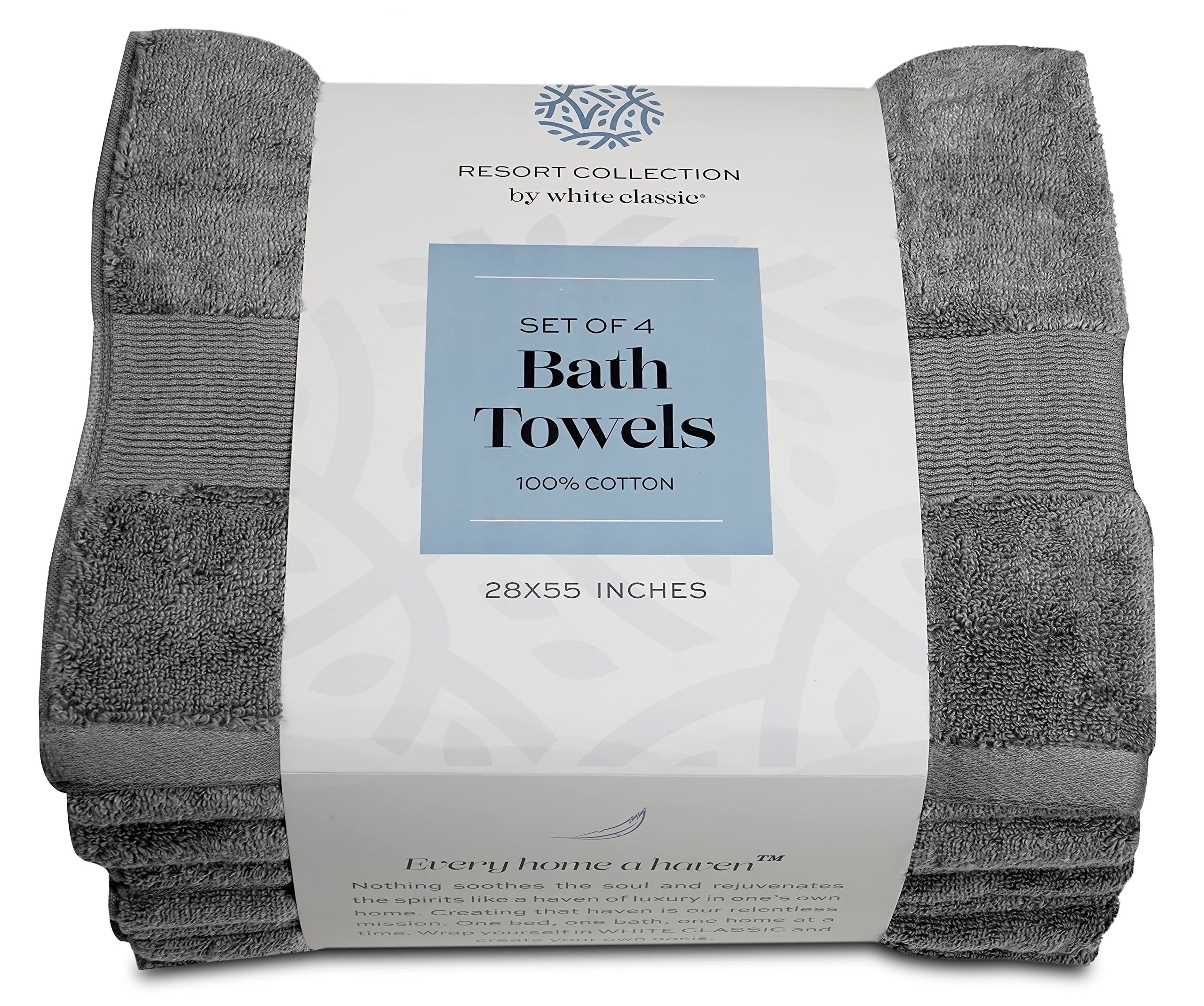 White Classic Resort Collection Soft Bath Towels | 28X55 Luxury Hotel Plush & Absorbent Cotton Bath Towel Large [4 Pack, Smoke G