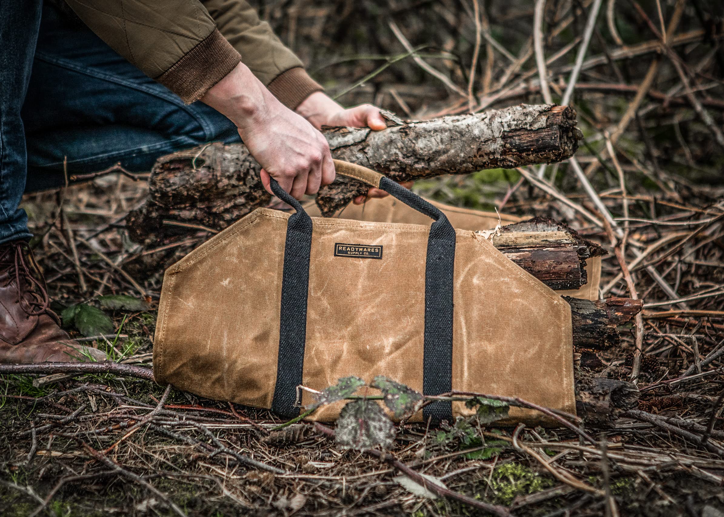 Readywares Waxed Canvas Firewood Carrier  Heavy Duty Firewood Log Carrier  Classic Durable Design Tan