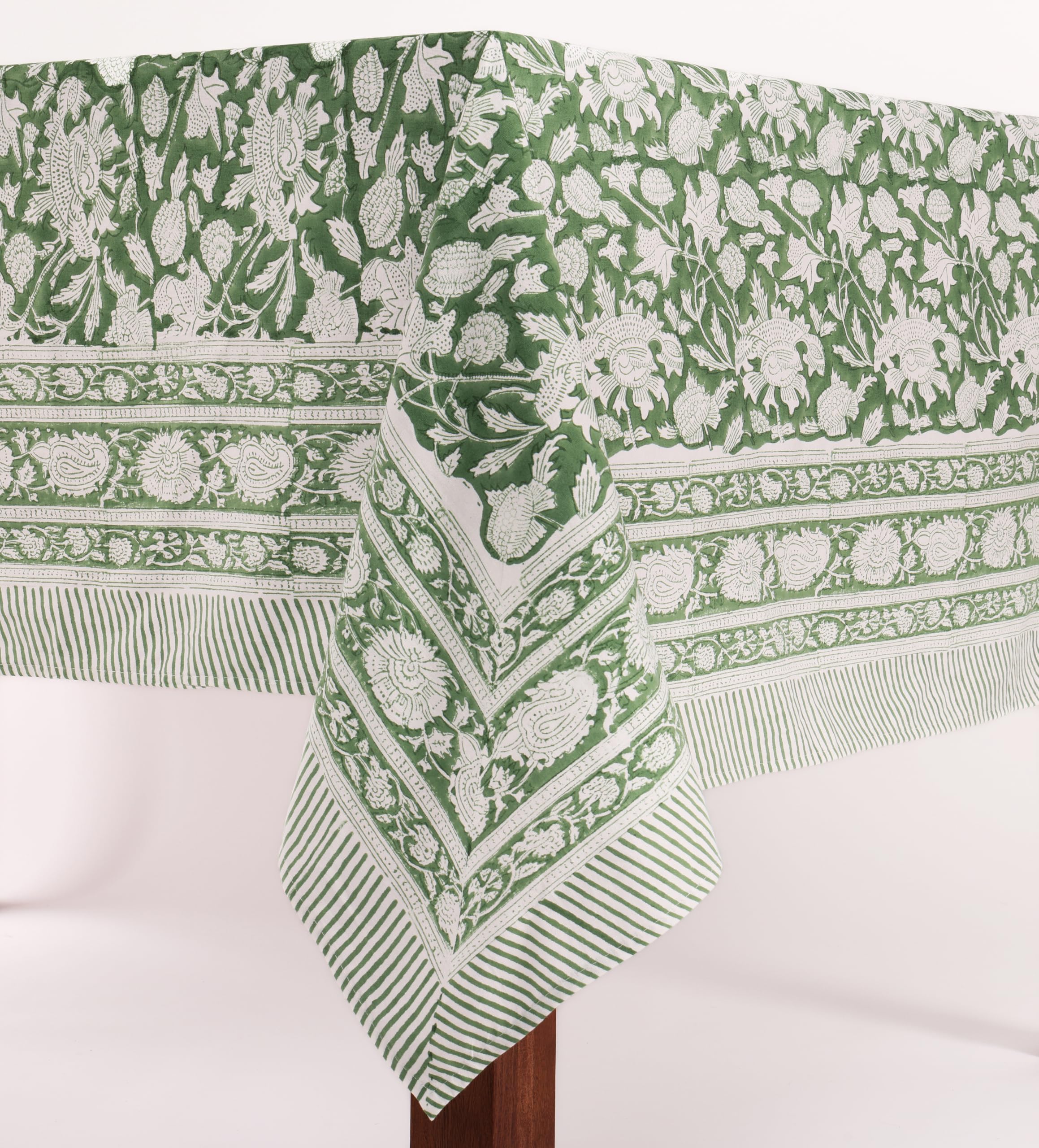 ATOSII Meraki Green 100% Cotton Rectangle Tablecloth, Hand Block Print Washable Table Cover, Dining, Christmas Parties, Outdoors