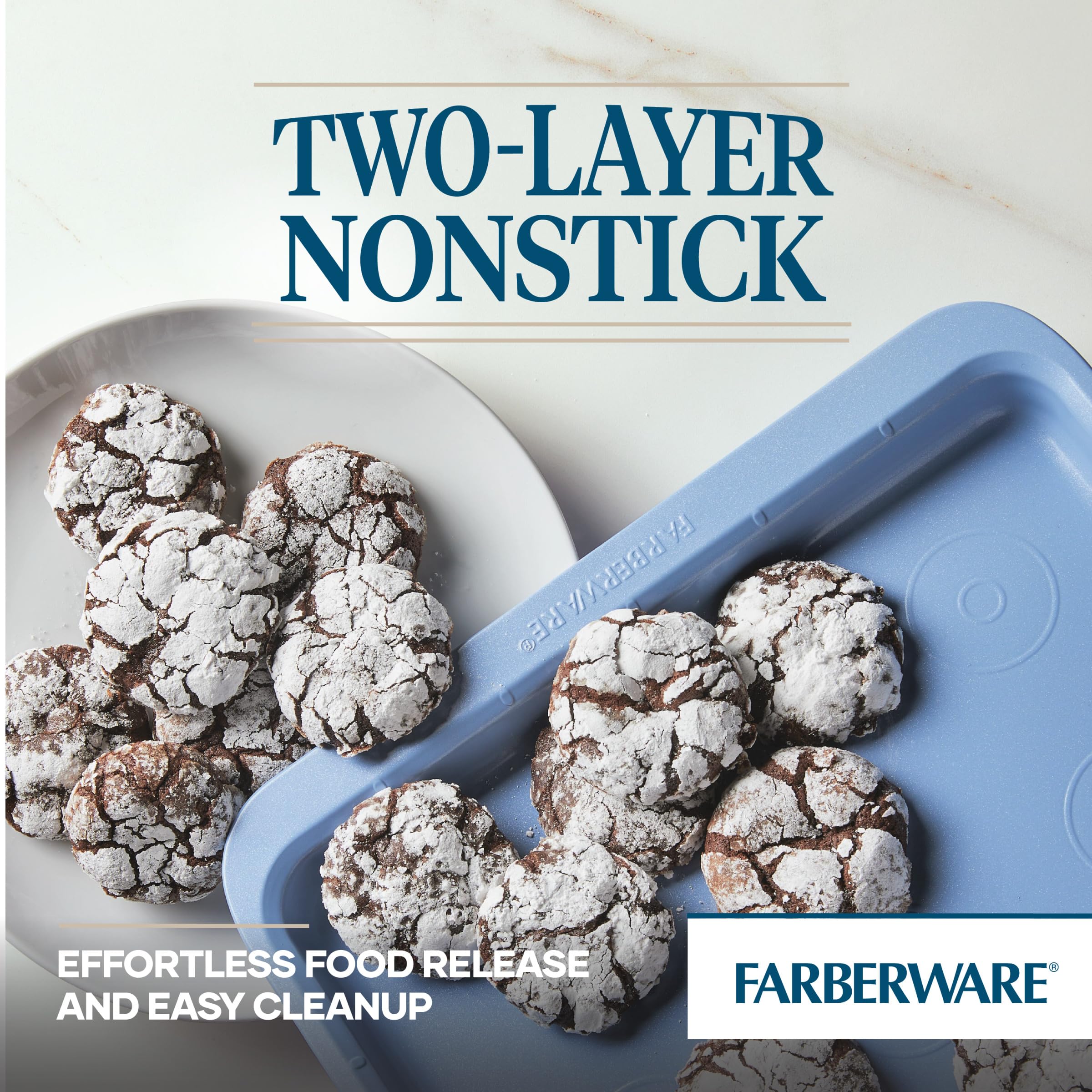 Farberware Easy Solutions Nonstick Bakeware Cookie Pan/Baking Sheet With Drop Zones And Portion Marks, 10 Inch X 15 Inch - Blue