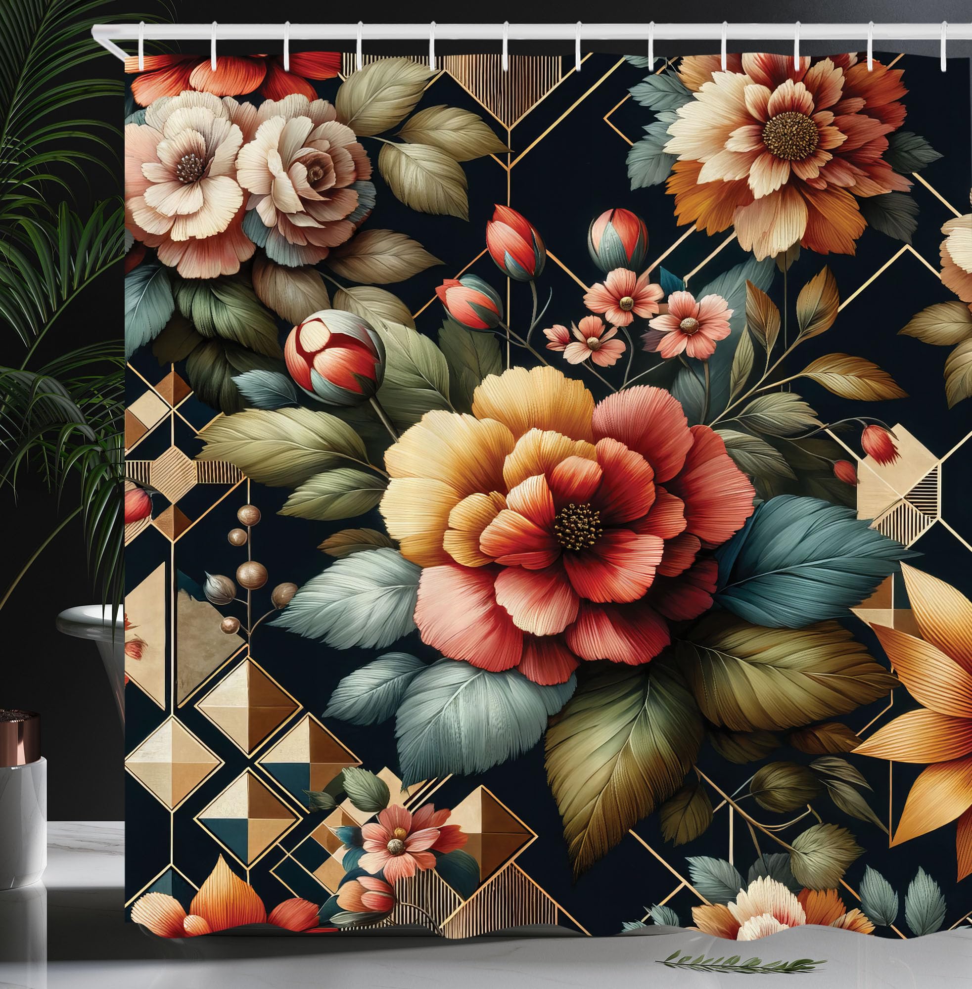 Ambesonne Floral Shower Curtain, Leafy Atmosphere Garden Scene With Blooming Roses And Futurist Lines, Cloth Fabric Bathroom Dec