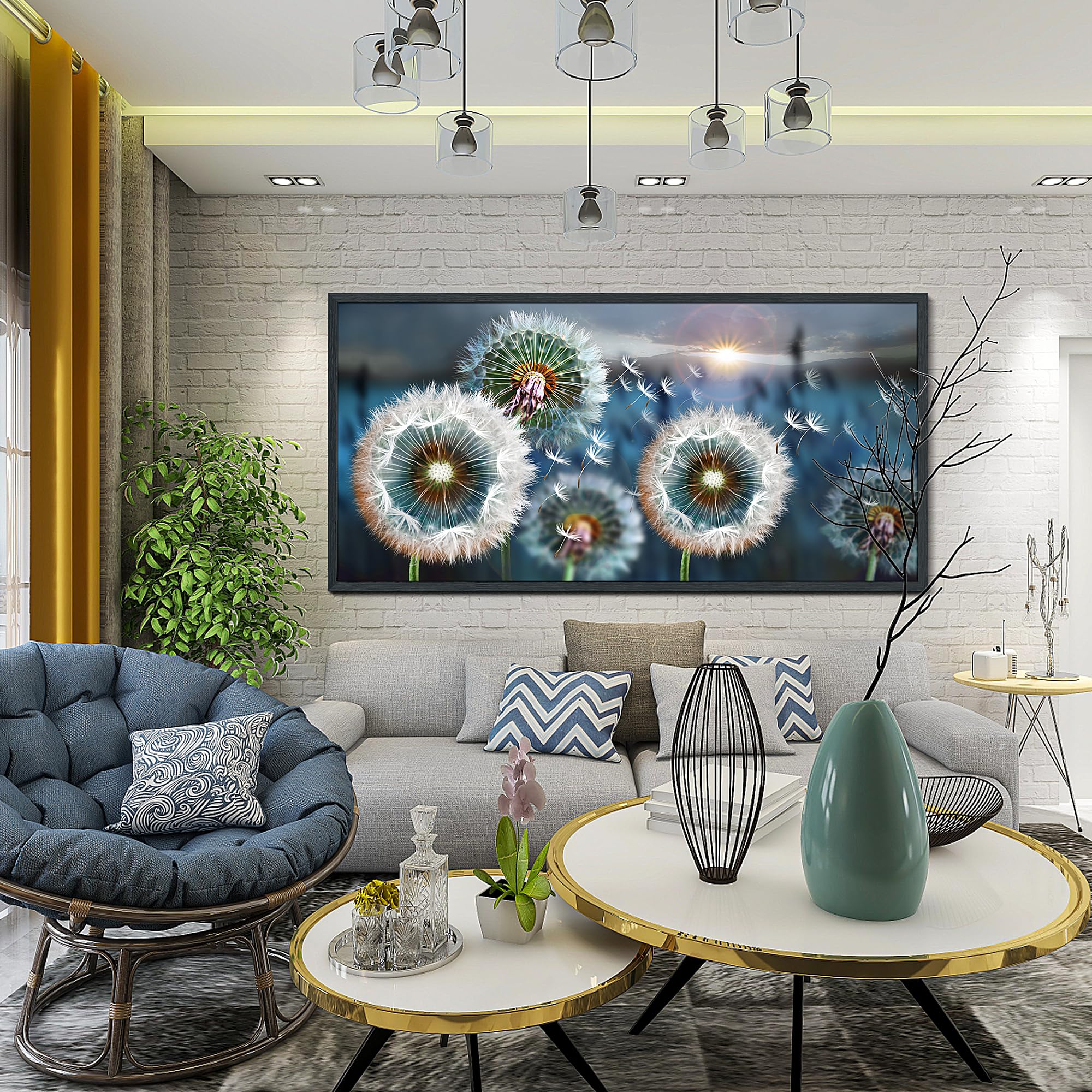 Black Framed Wall Artlarge Wall Art Dandelion Theme Canvas Art Wall Decor For Living Room Abstract White Dandelion Sun Blue Land