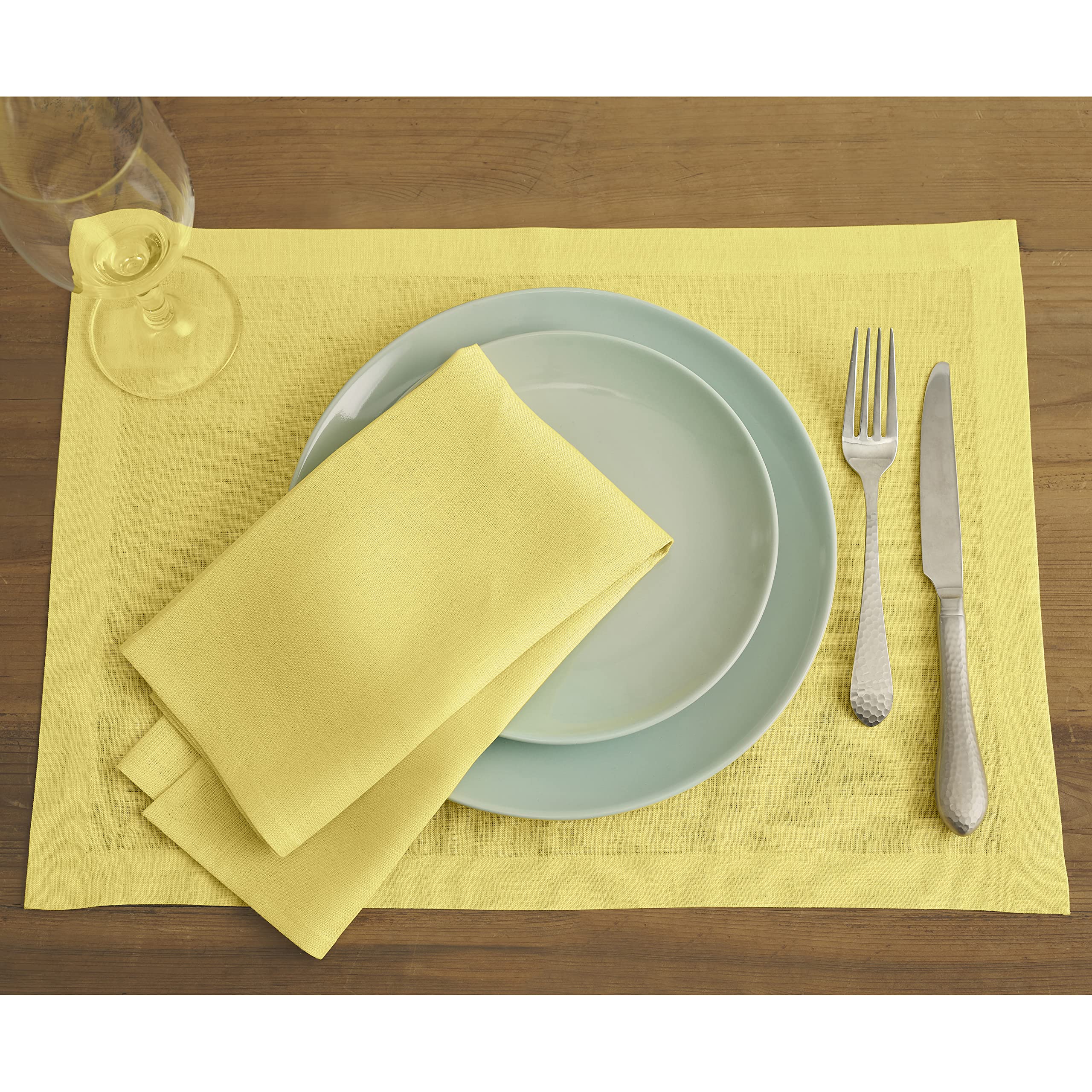 Solino Home Linen Placemats 19'' L X 14'' W Inch - 100% Pure Linen Sunshine Yellow Cloth Placemats Set Of 4 - Fete, Washable Fab