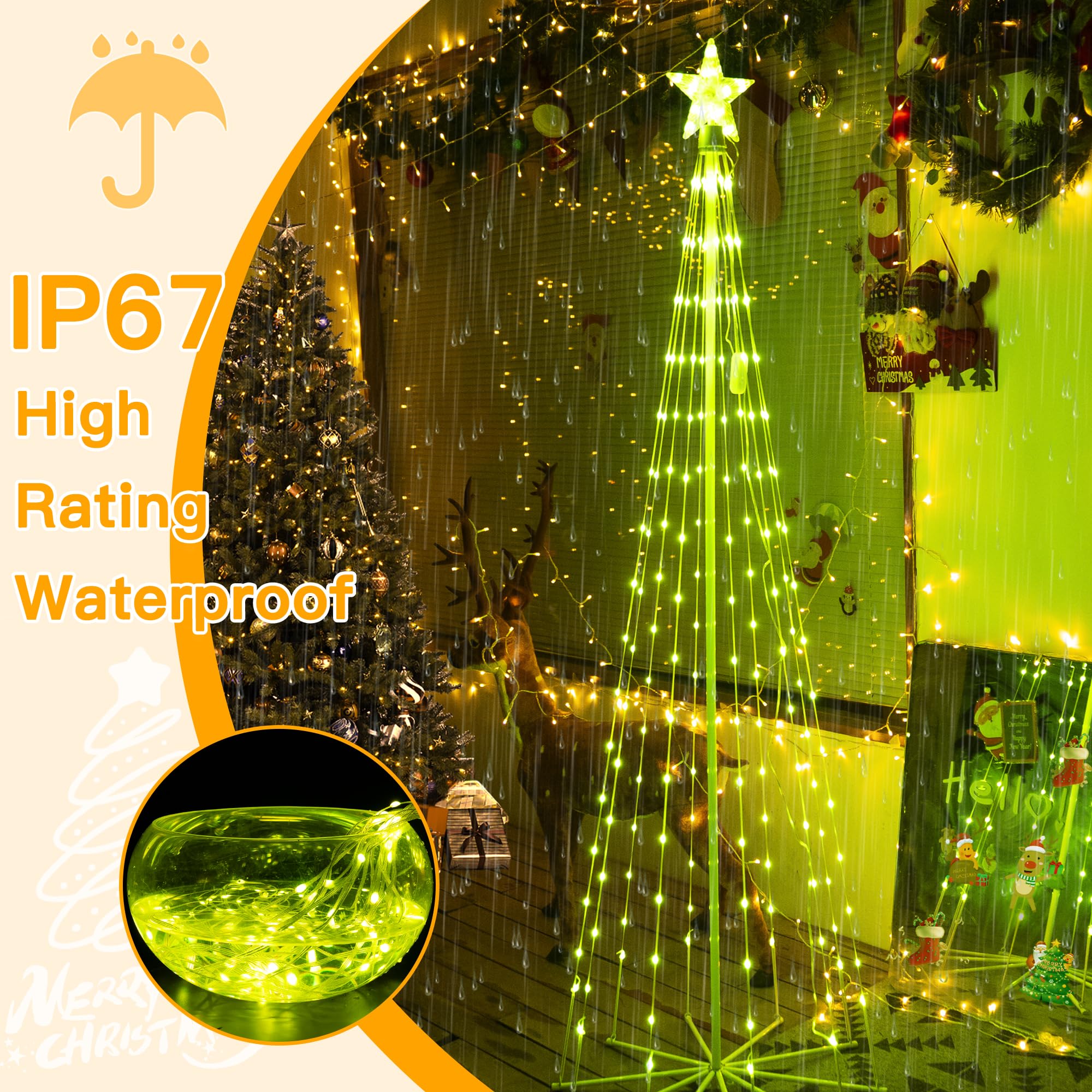 Ollny Christmas Tree Lights 5FT 140 LED, RGB 34 Modes Color Changing Outdoor String Light with Plug in Remote, Waterproof Star L