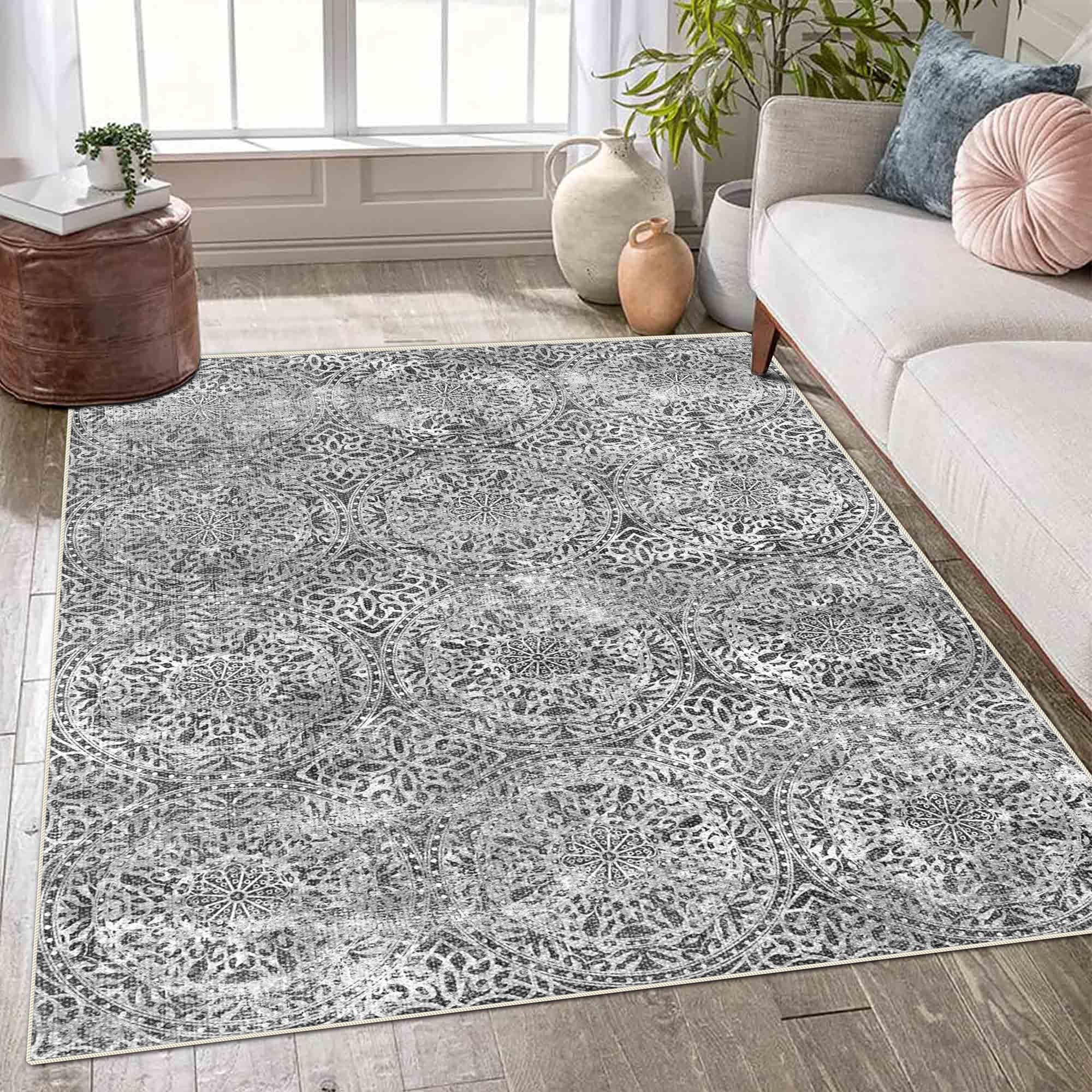 vivorug 6x9 Rug, Stain Resistant Washable Rug for Living Room, Neutral Area Rug Vintage Inspired (Grey/Medallion, 6x9)