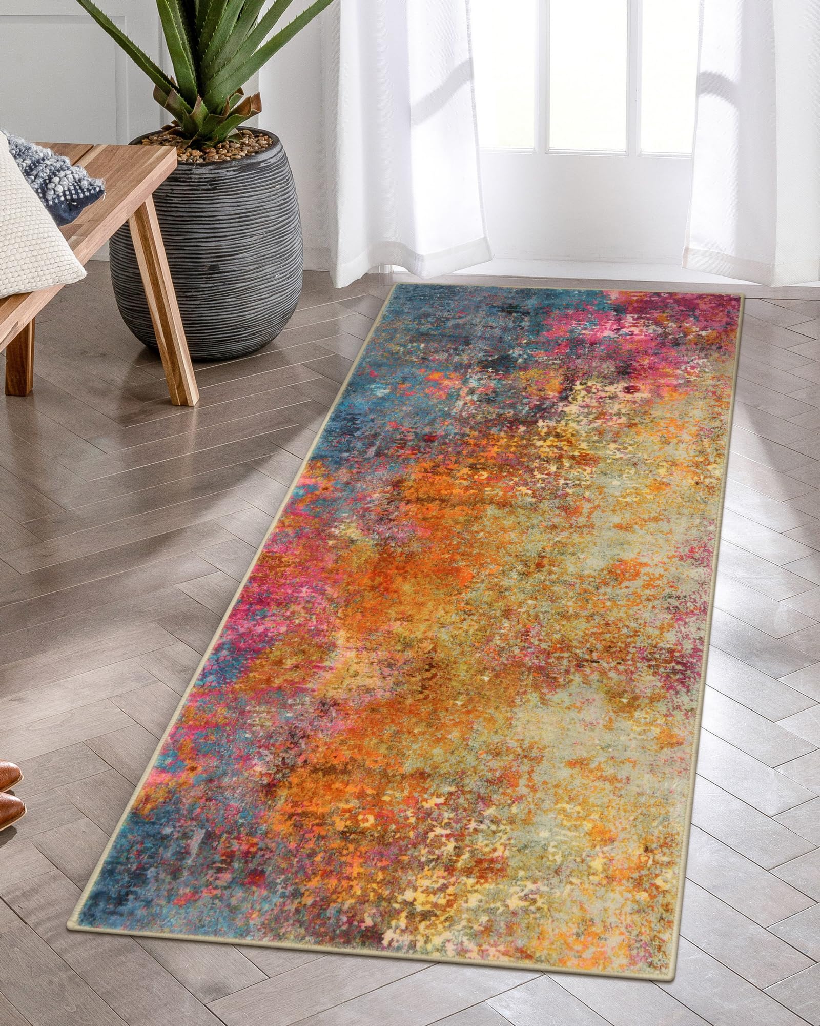 Lahome Modern Abstract Runner Rug - 2x4.3 Colorful Kitchen Runner Long Bathroom Rugs Runner Non Skid Laundry Room Mat, Rainbow N