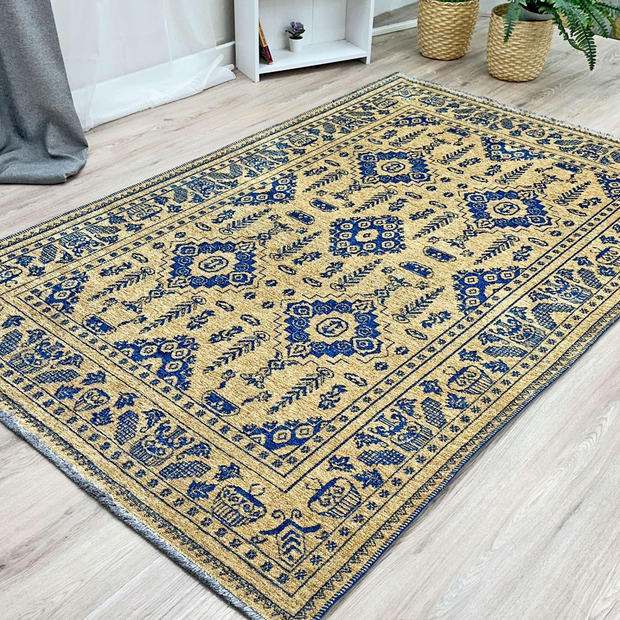 Alfa Rich 4x6 Gold Navy Blue Washable Area Rugs for Living Room Bedroom Kitchen Dining Cotton Rug