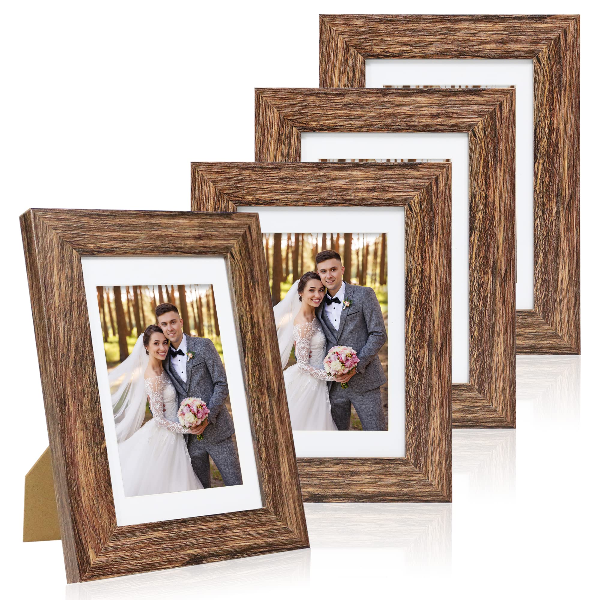 Hongkee 5x7 Picture Frame Set of 4, Made of Real Glass and Rustic Brown Wooden Frame, 5 by 7 Photo for Wall or Tabletop - Displa