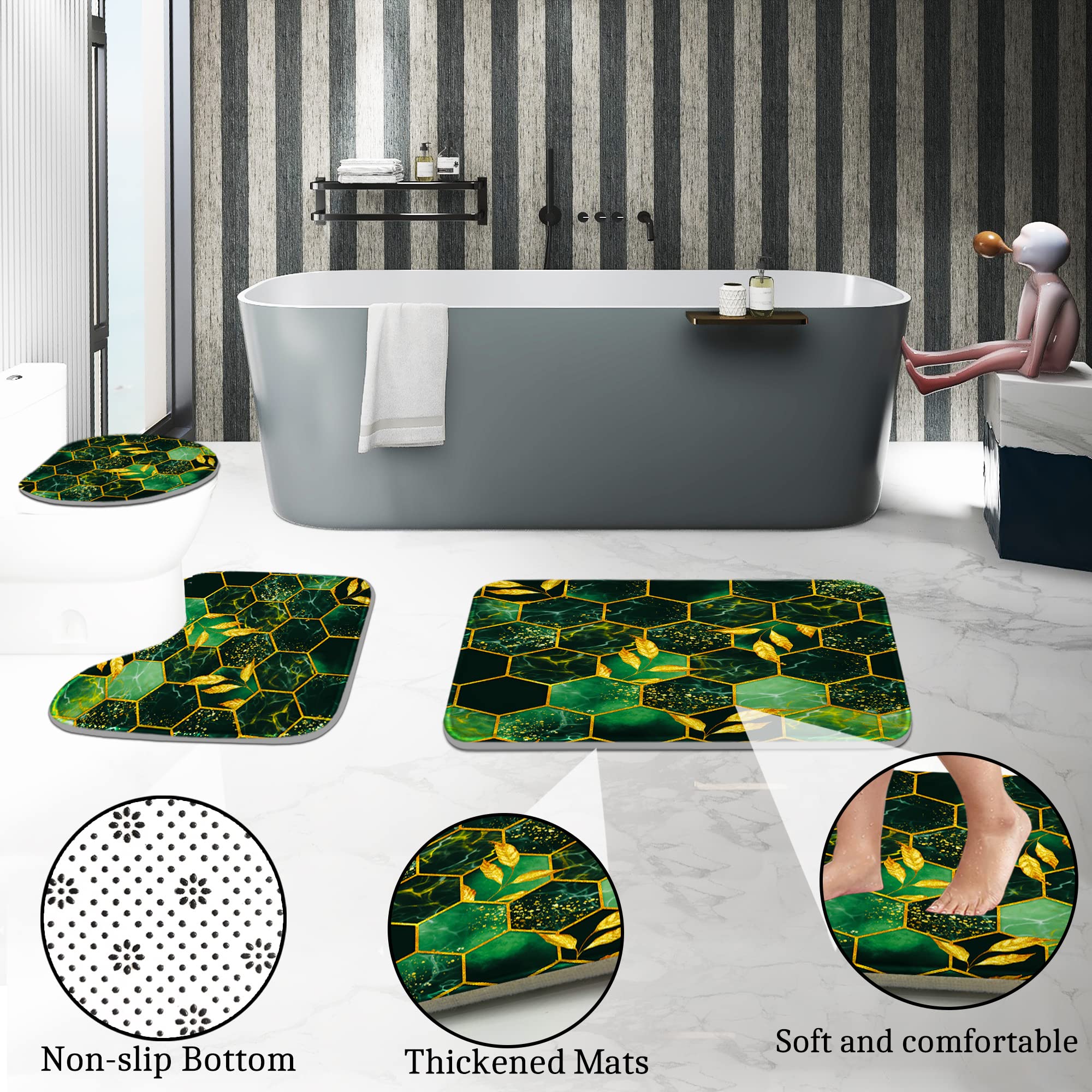 Poedist 4 Pcs Bathroom Shower Curtain Set Green Honeycomb Marble Bathroom Sets with Rugs(Bath Mat U Shape and Toilet Lid Cover Mat) and 12 Durable Hooks