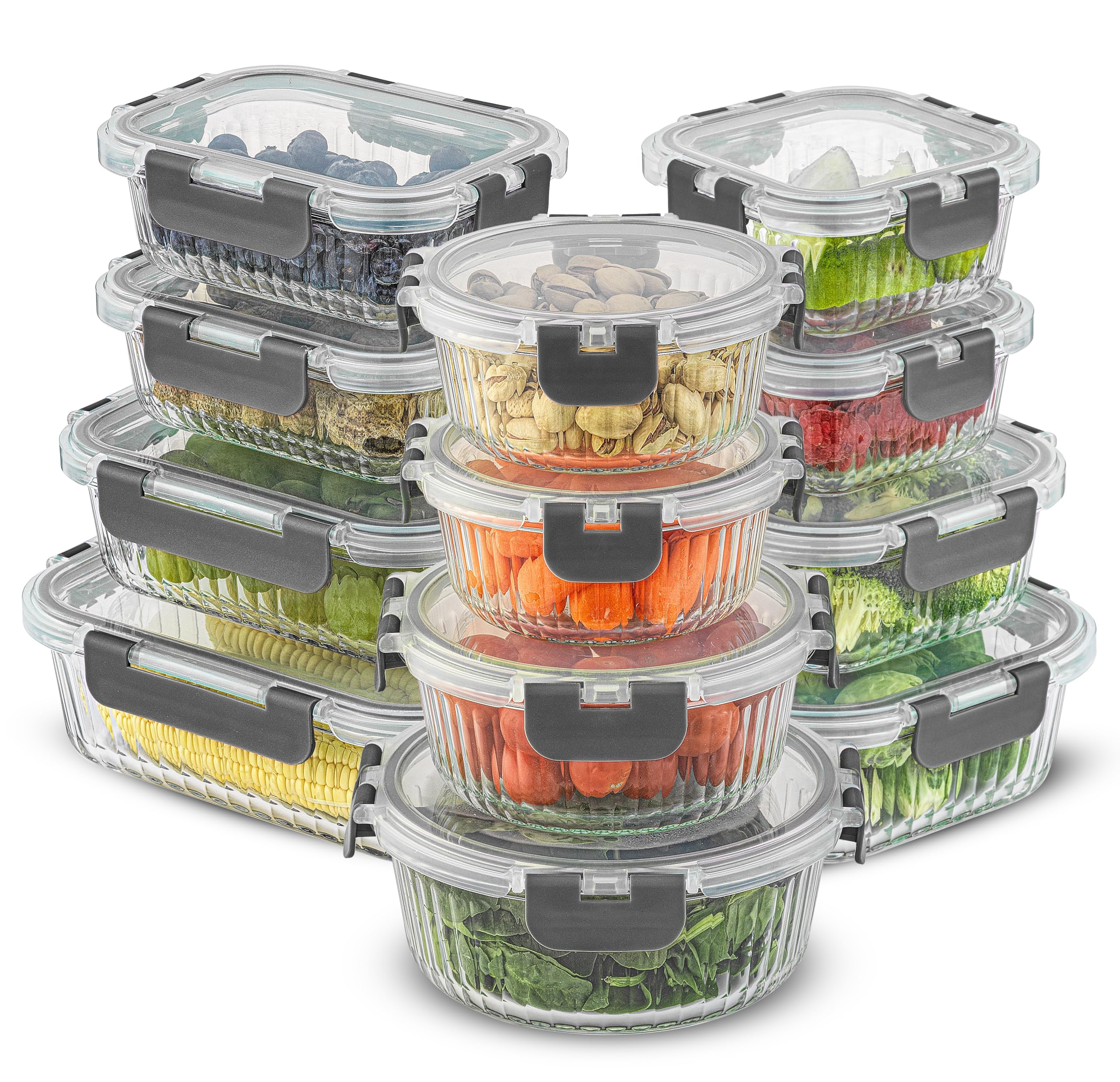 JoyJolt 24pc Fluted Glass Storage Containers with Lids. 12 Airtight, Freezer Safe Food Storage Containers, Pantry Kitchen Storag