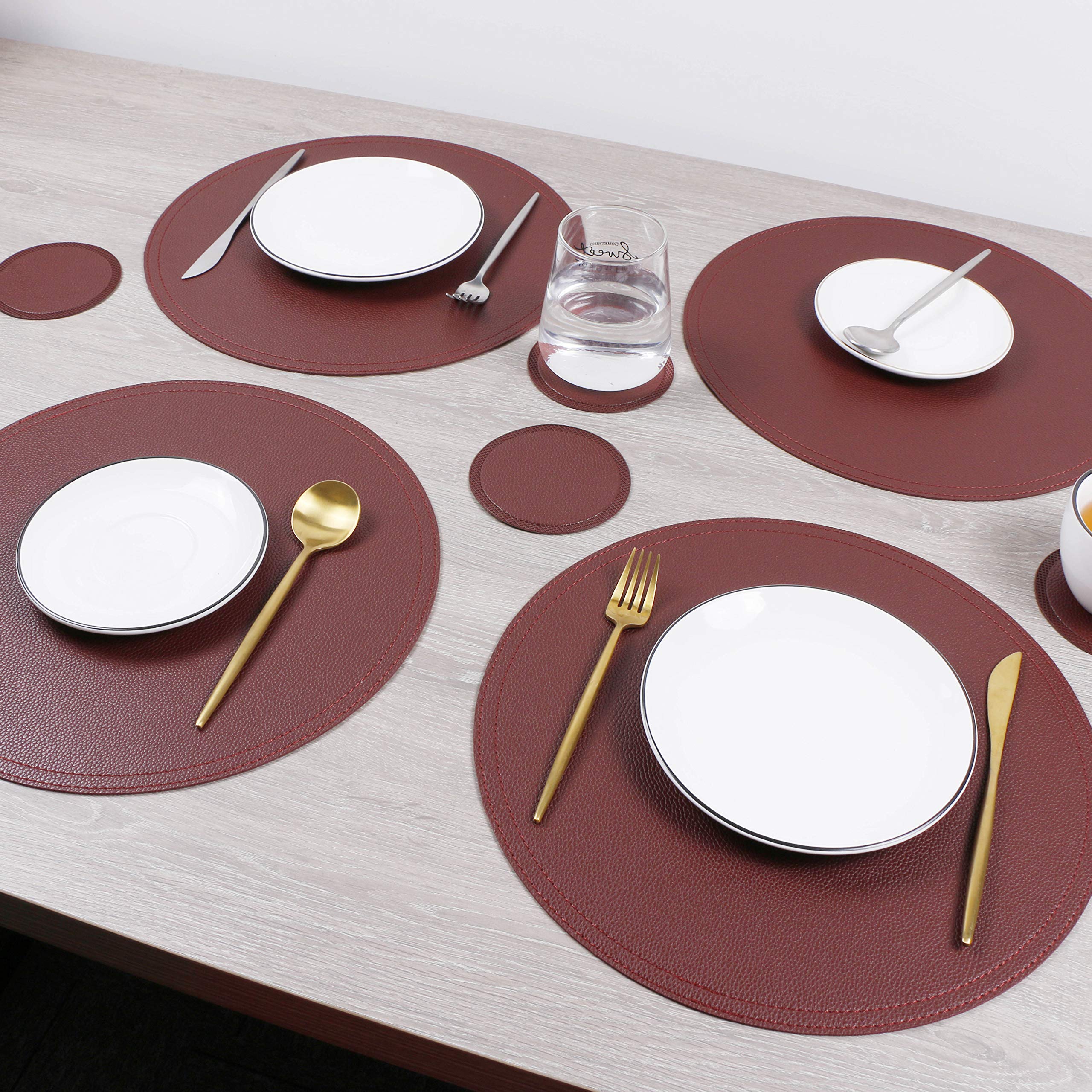 Faux Leather Round Placemats And Coasters, Coffee Mats Kitchen Table Mats, Waterproof, Easy To Clean For Round Table, Dining Tab
