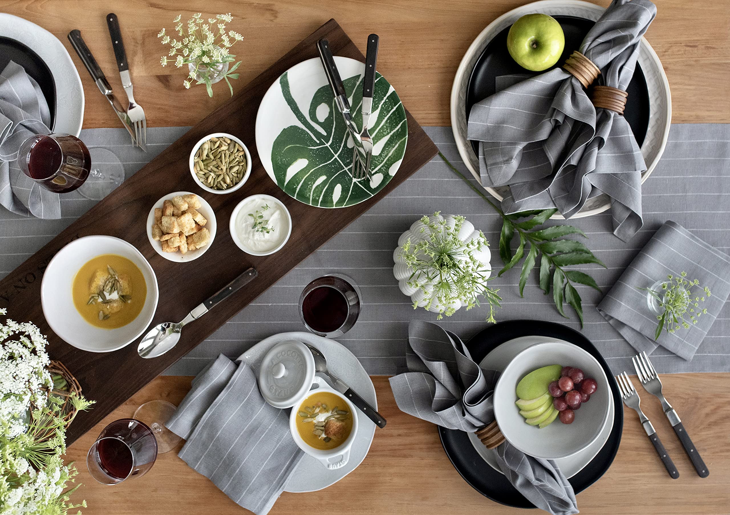 Solino Home Pinstripe Linen Grey And White Table Runner 60 Inch - 100% Pure Linen Short Table Runner 14 X 60 Inch Ideal For Dres