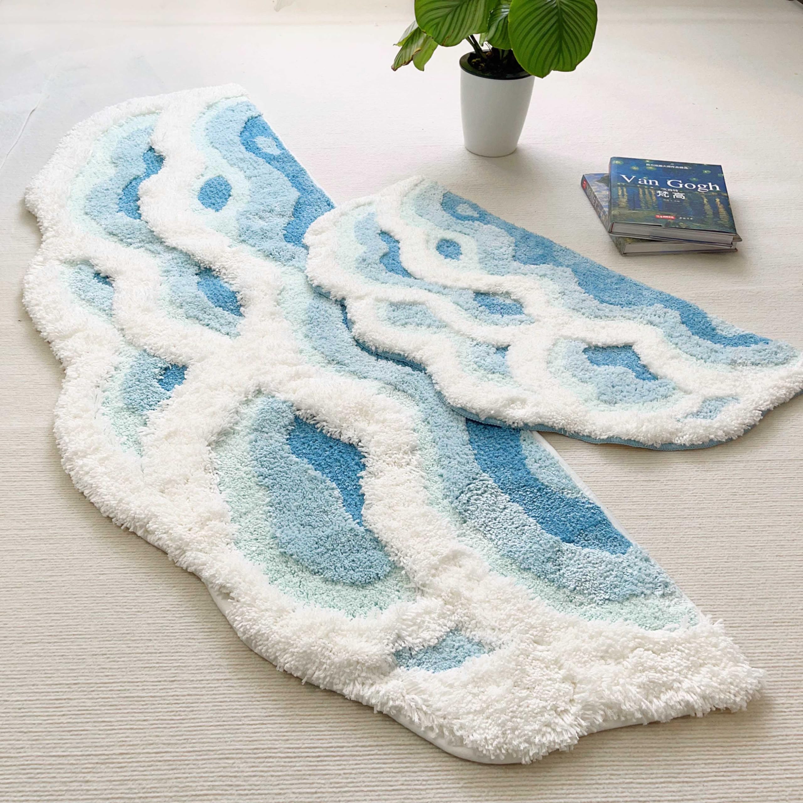Zshifang 2X6 Feet Shag 3D Stereo Wave Moss Bedside Rug 23''  72'' Cute Navy Blue Runner Rug Non Slip Washable Bathroom Rugs Bath