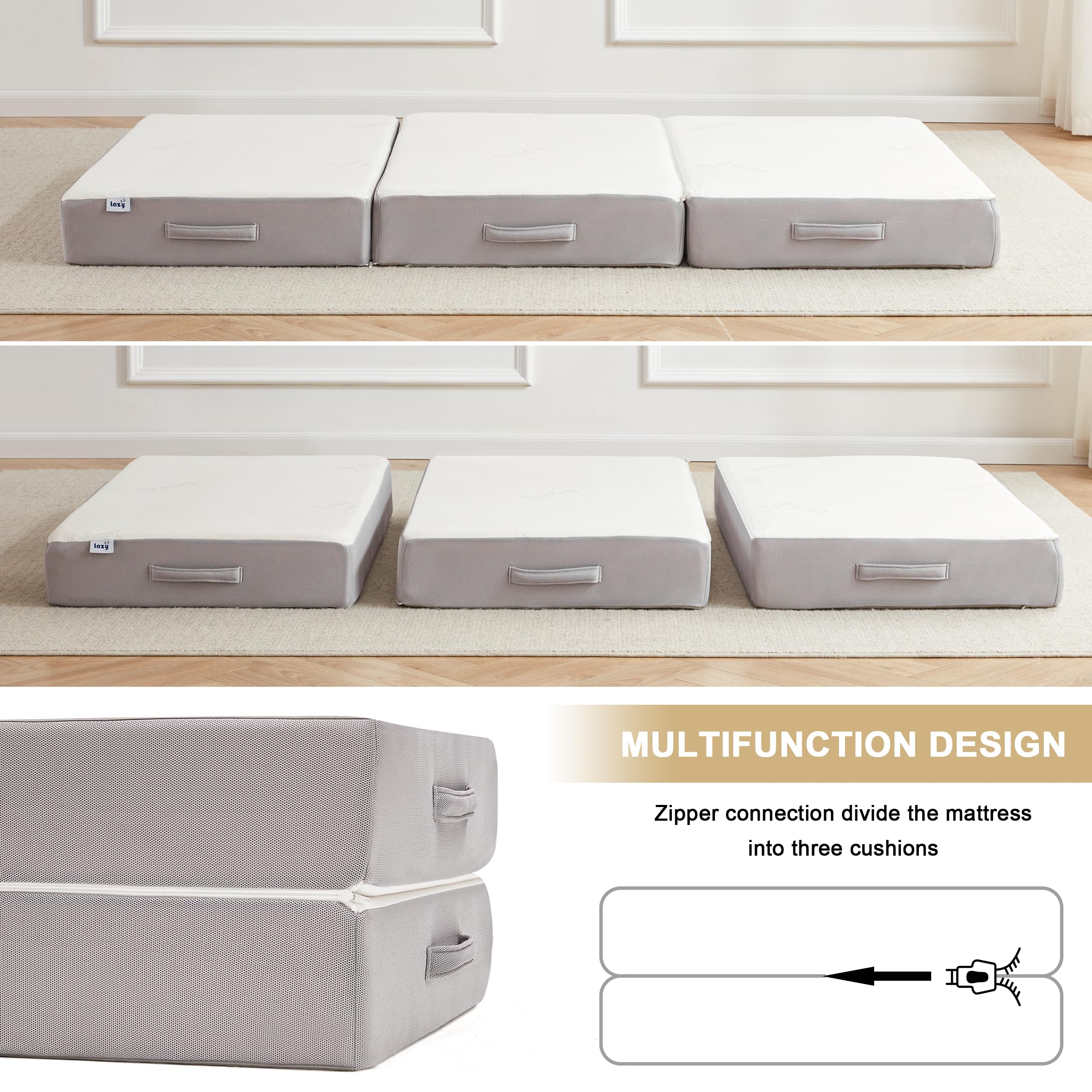 Lazyzizi Folding Mattress, 6 Inch Memory Foam Tri-Fold Mattress With Breathable & Washable Bamboo Fiber Fabric Cover, Foldable F