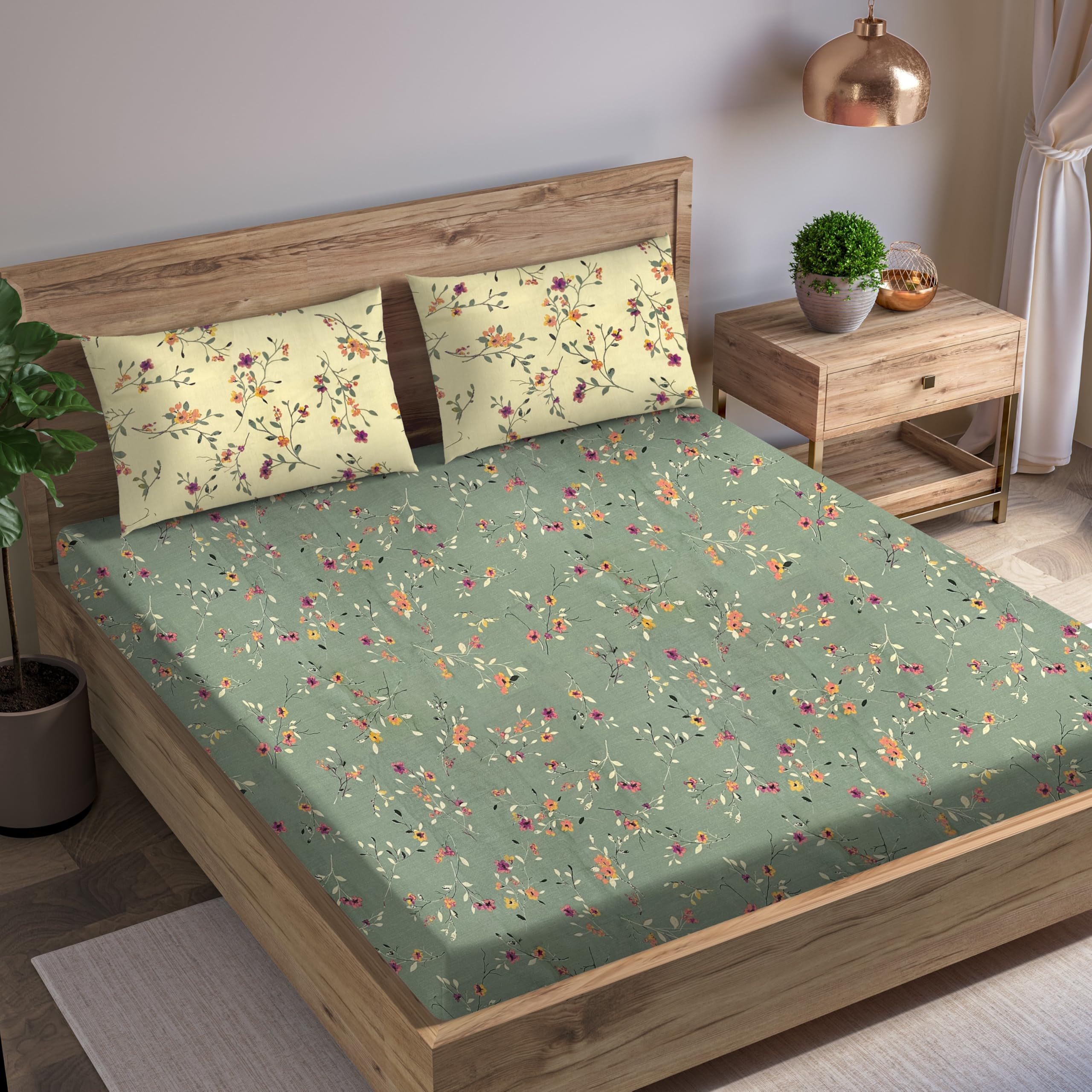 Trance Home Linen 180Tc Cotton 75X60 Double Bed Size Elastic Fitted Bedsheet | Printed Double Size Bed Elasticated Fitted Bedspr