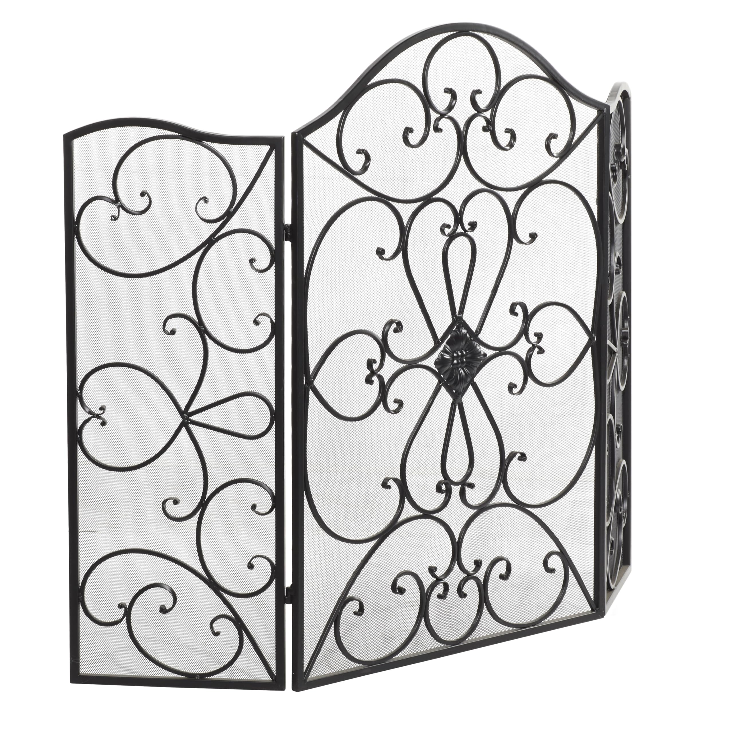 Deco 79 Metal Scroll Foldable 3 Panel Fireplace Screen With Mesh Netting, 49'' X 1'' X 36'', Black