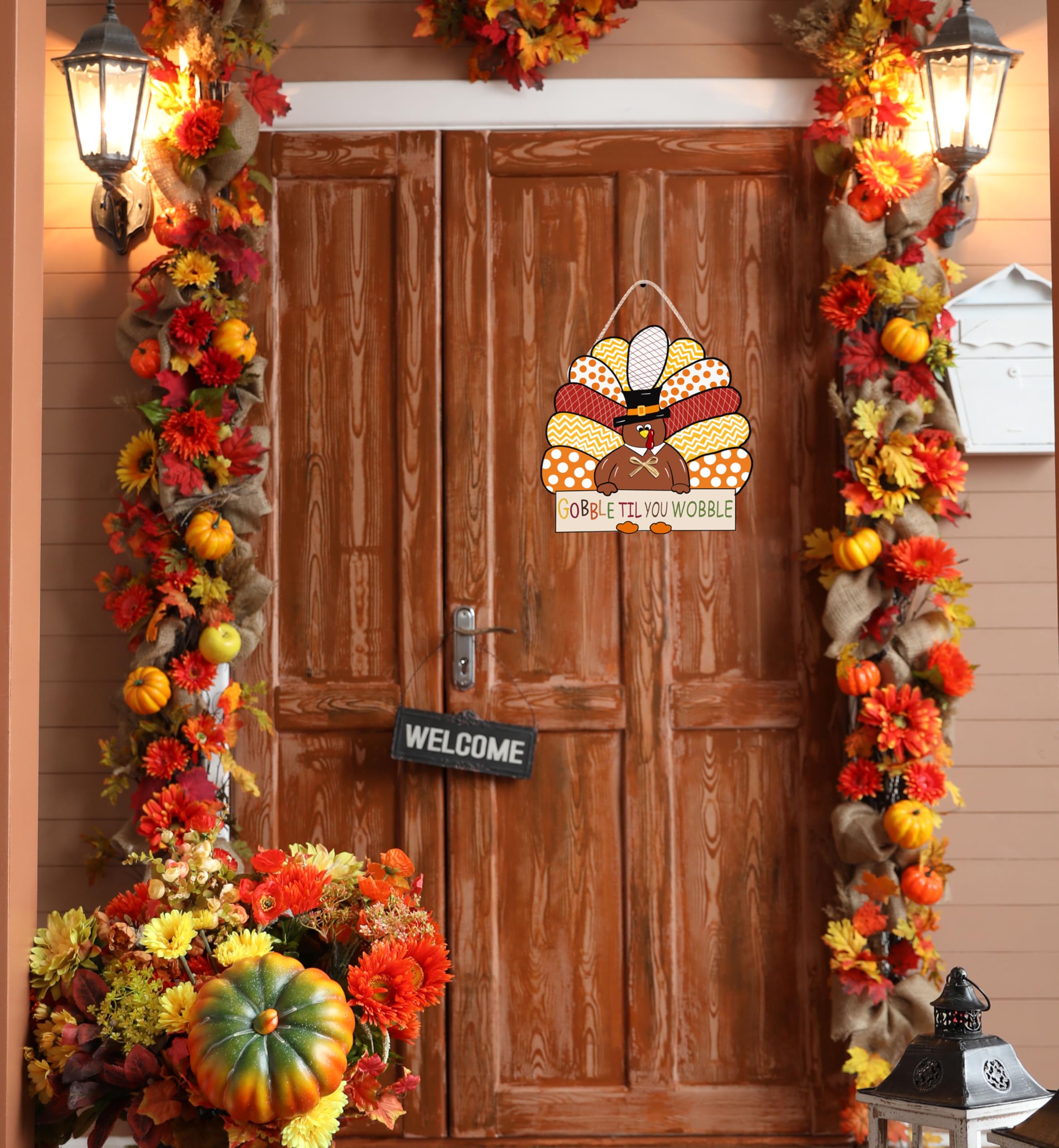 CYNOSA Thanksgiving Wreath for Front Door Turkey Door Hanger Gobble Sign Thanksgiving Turkey Outside Door Decorations