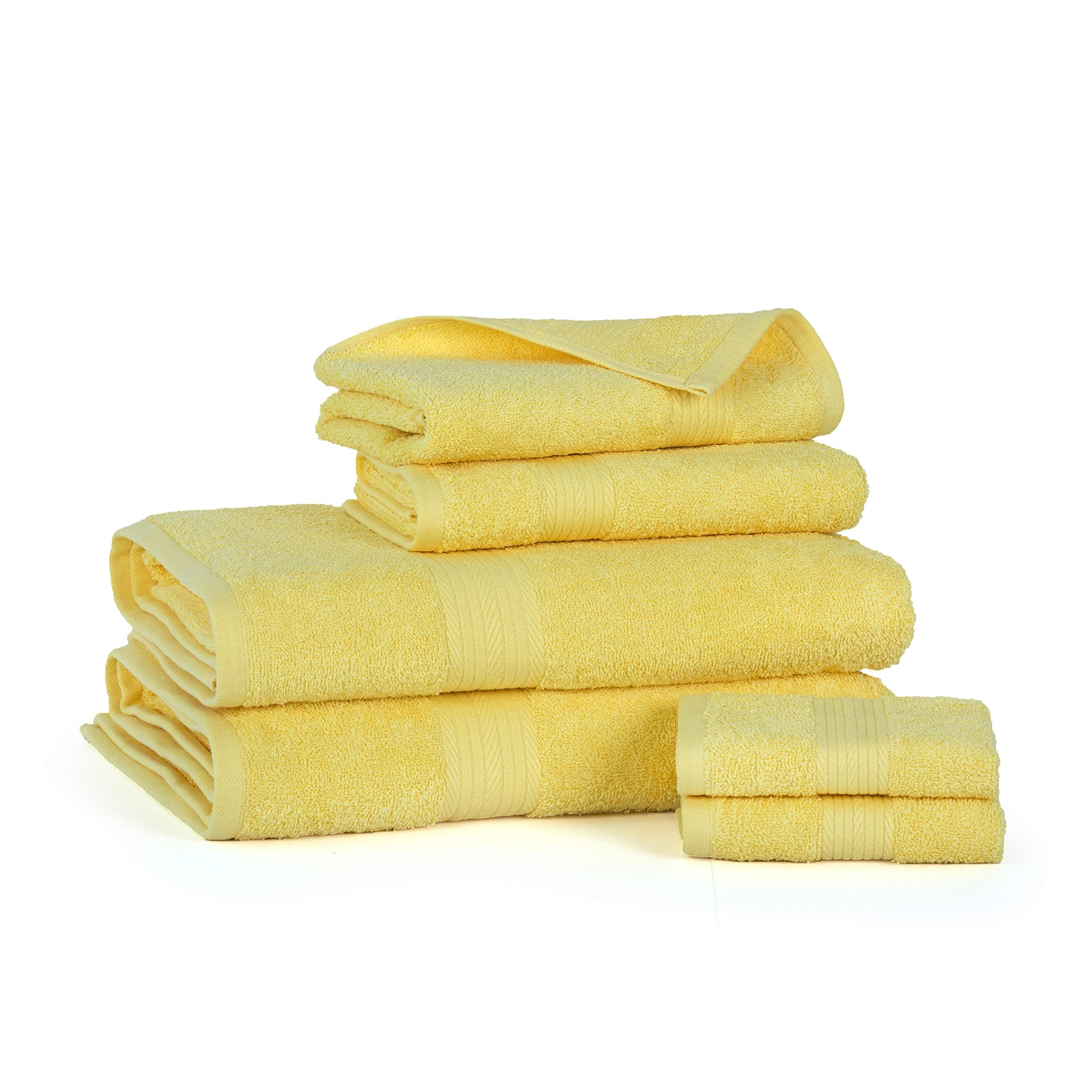 Ample Decor 100% Cotton 6 Piece Bathroom Towels Set, 2 Bath Towels, 2 Hand Towels, 2 Washcloths, Quick Drying - Yellow Towel Set