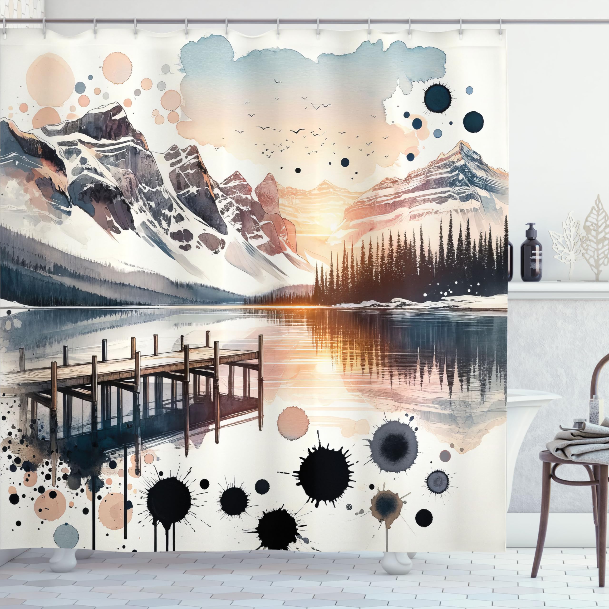 Ambesonne Lake Shower Curtain, Surreal Mountain Landscape Illustration Abstract Paint Splatter Blots, Cloth Fabric Bathroom Deco
