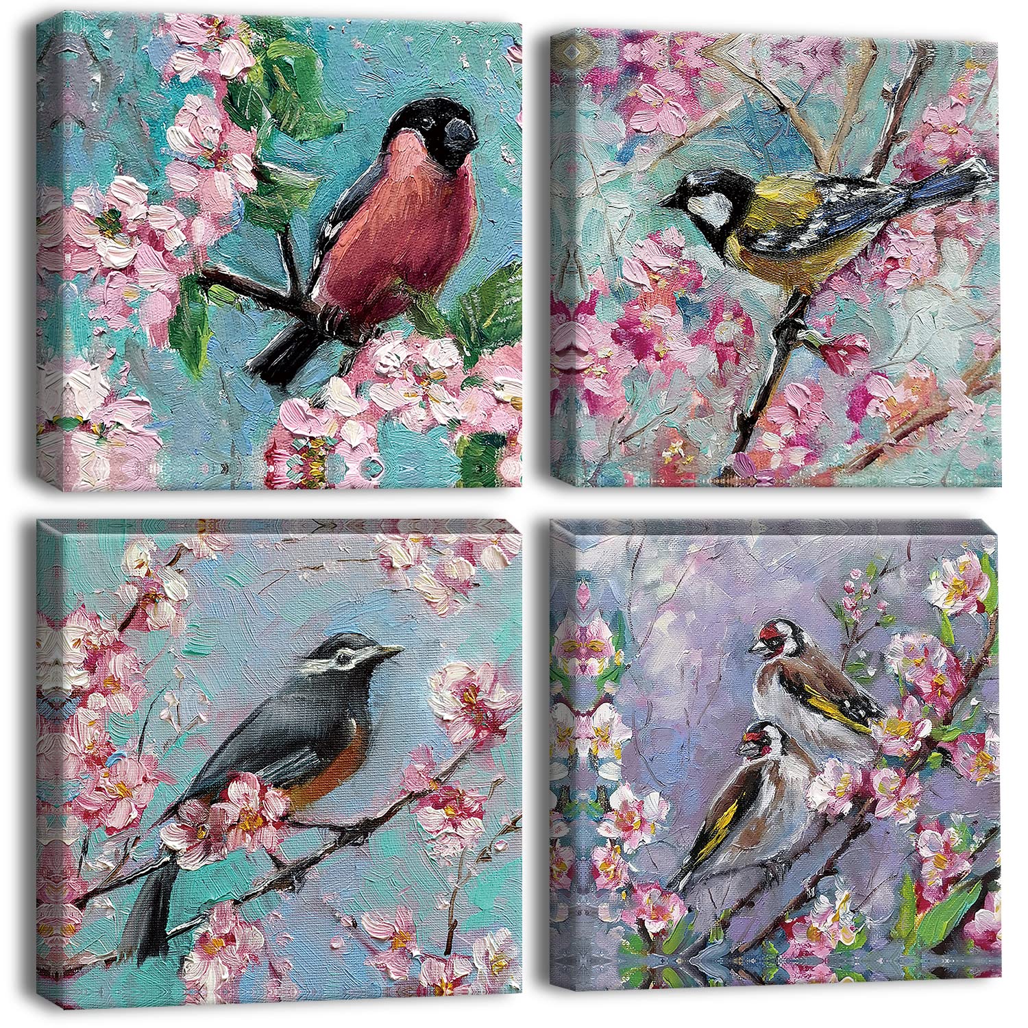 Otostar 4 Pieces Wall Art Canvas Prints - Oil Painting Flowers And Birds Picture Painting - Modern Wall Artwork Framed For Gifts
