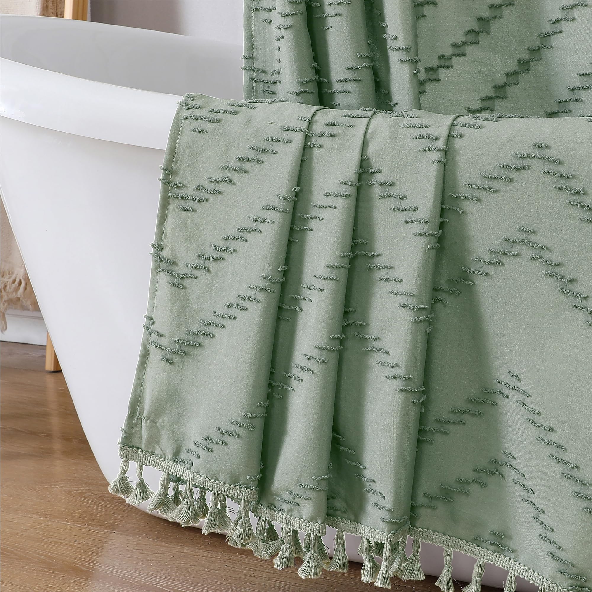 Owenie Extra Long Sage Green Boho Shower Curtain, Chic Tufted Chevron Striped Textured Fabric Cloth Shower Curtains With Tassel 