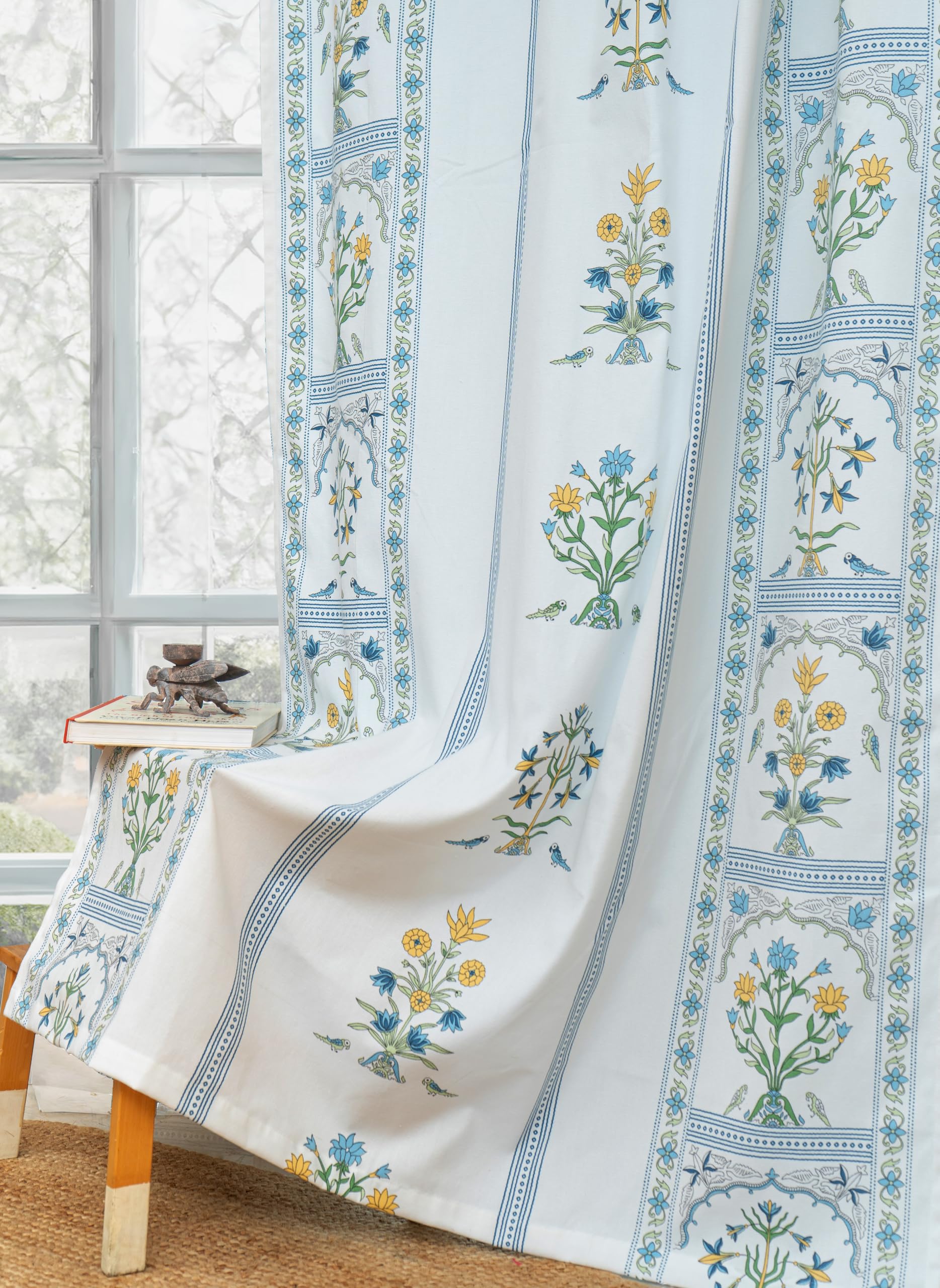 Tranquebar Curtain Co. Window Curtains 5 Feet, 60-65% Room Darkening, Blue Floral Print, Cotton Curtains For Window, Cotton Curt