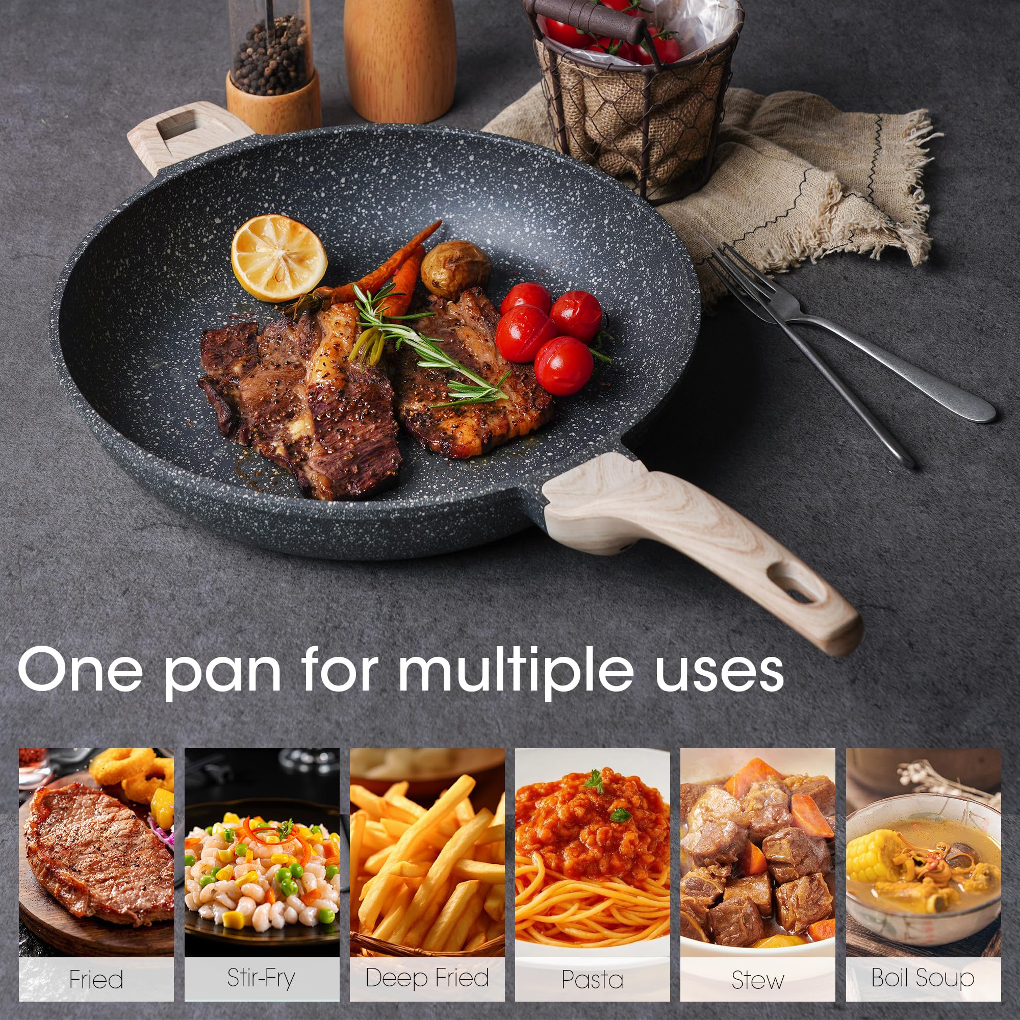 CAROTE Non Stick Frying Pan Skillet,12.5 Nonstick Skillet with Glass Lid, Granite Cookware Chefs Pan, PFOA Free (Classic Granit