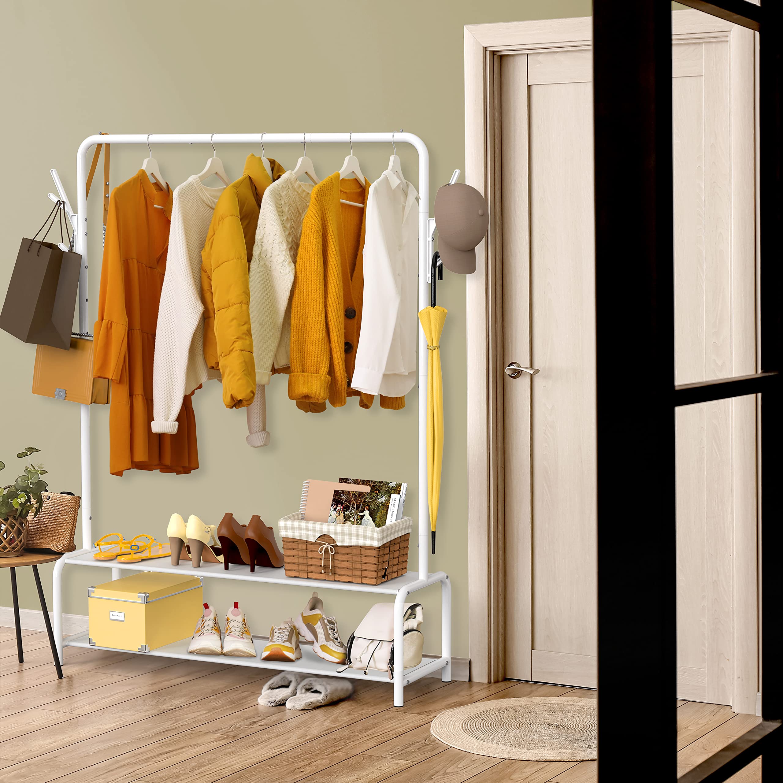 Simple Houseware Garment Rack With Storage Shelves And Coat/Hat Hanging Hooks, White