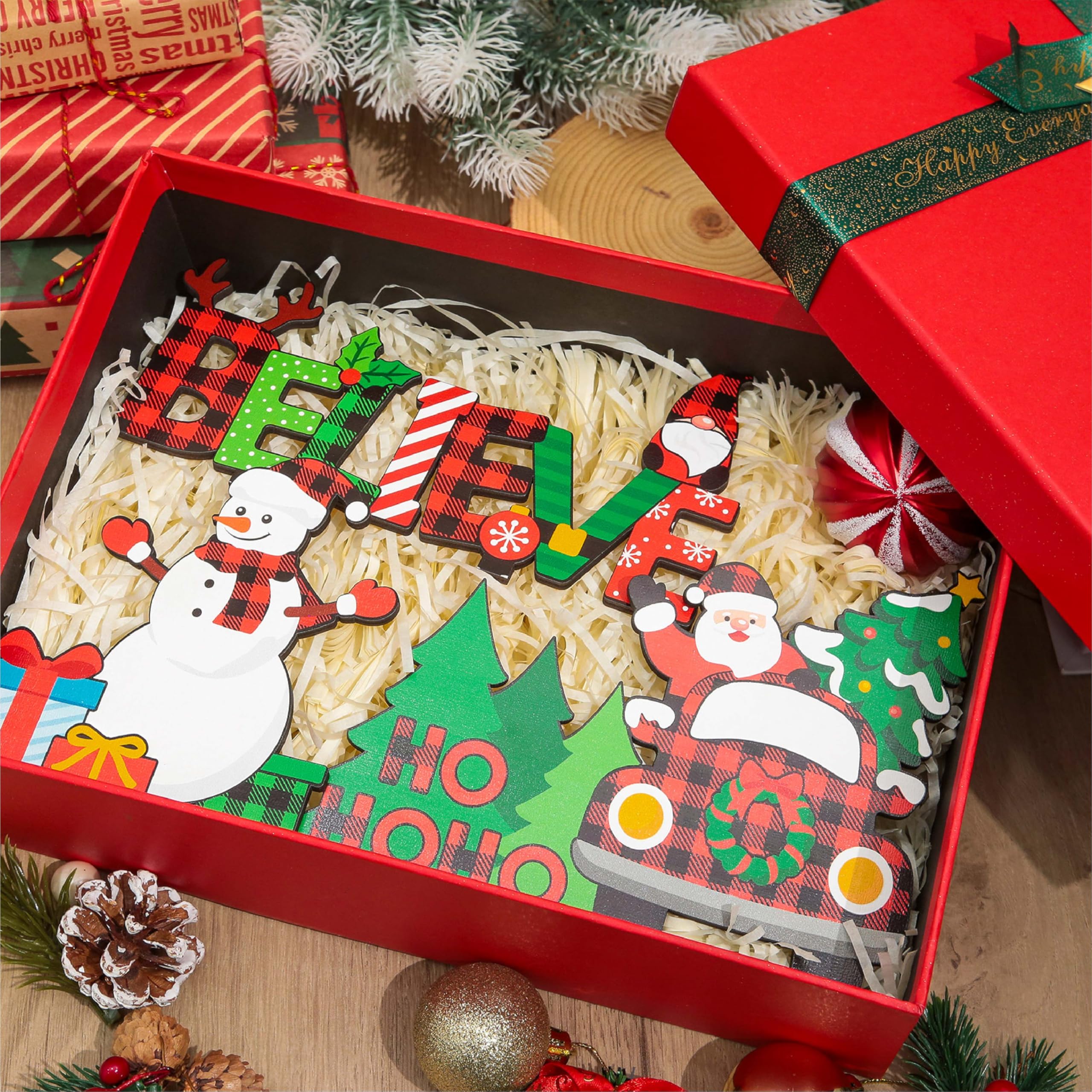 Golibra 6PCS Wooden Christmas Decorations, Buffalo Plaid Table Decorations, Holiday Centerpiece Signs with Santa, Snowman, Gnome