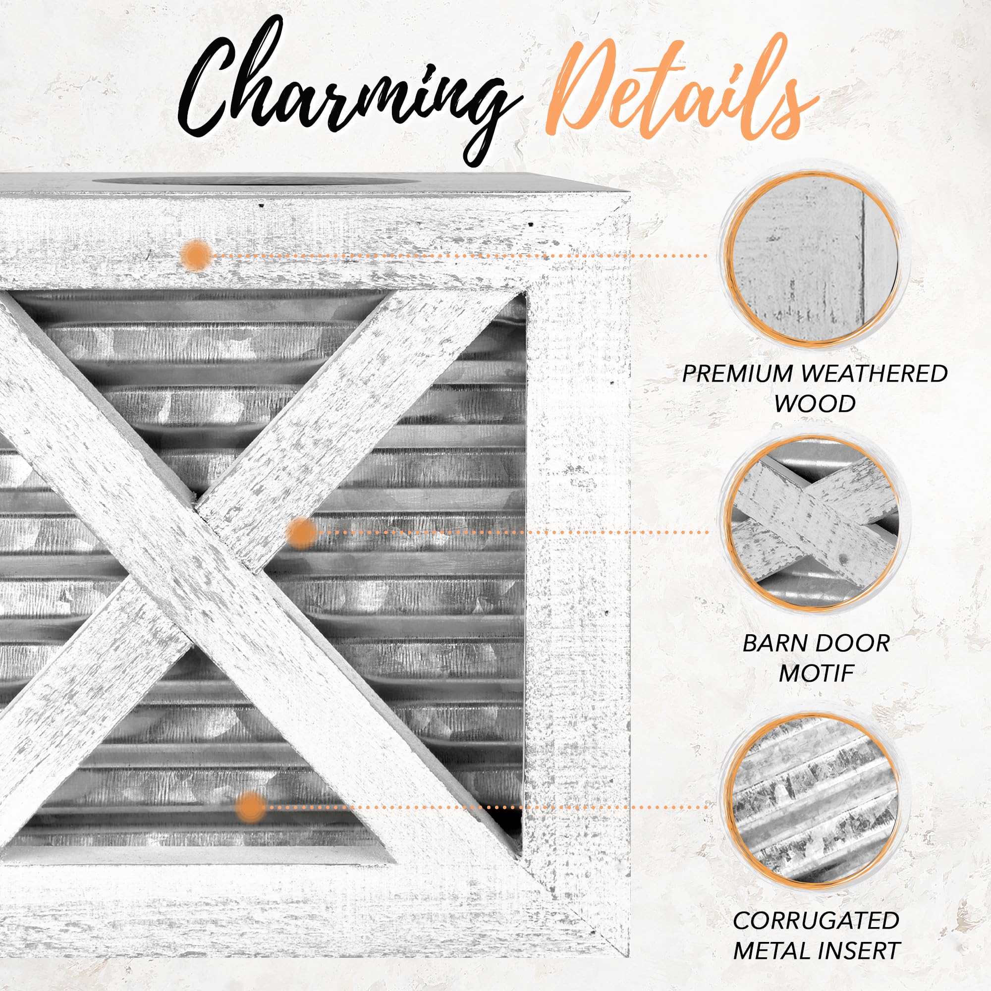 Autumn Alley Barn Door Square Farmhouse Tissue Box Cover In White And Galvanized - Farmhouse Bathroom Accessories - Rustic Bathr