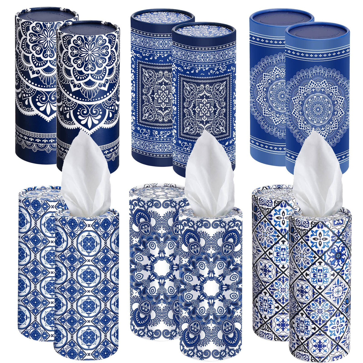 Outus 12 Pieces Mandala Car Tissues Box Bulk Car Tissues Cylinder With Facial Tissue Round Car Tissue Holder For Car Tissues Box