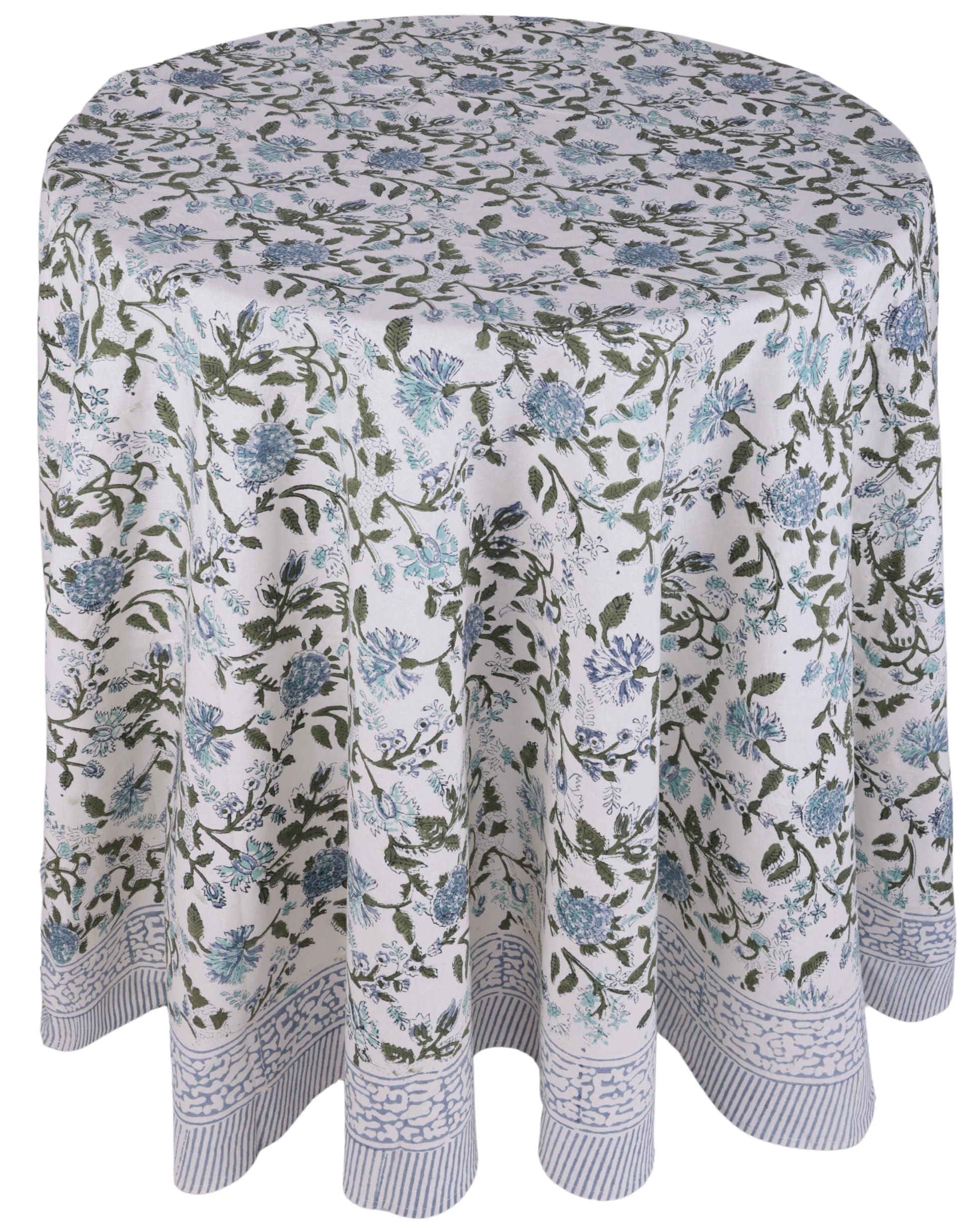 ATOSII Mahoka Blue 100% Cotton Round Tablecloth, Block Print Floral Table Cloth for Dining, Parties, Weddings, Outdoors, Holiday