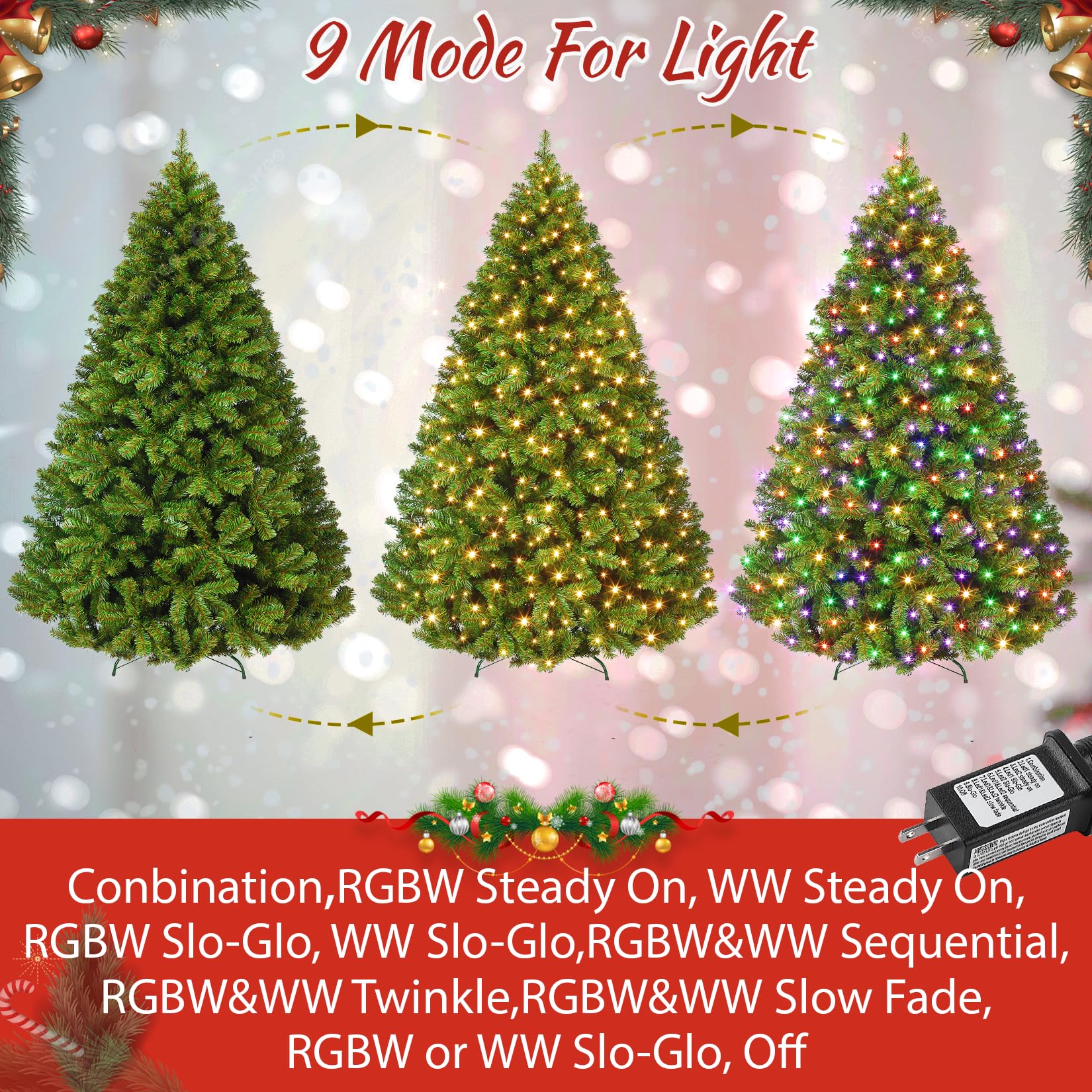 9FT Prelit Fluffy Noble Fir Artificial Christmas Tree with 900 Multicolor Lights& 9 Modes, Hinged Branches& 3500 Tips, Artificia