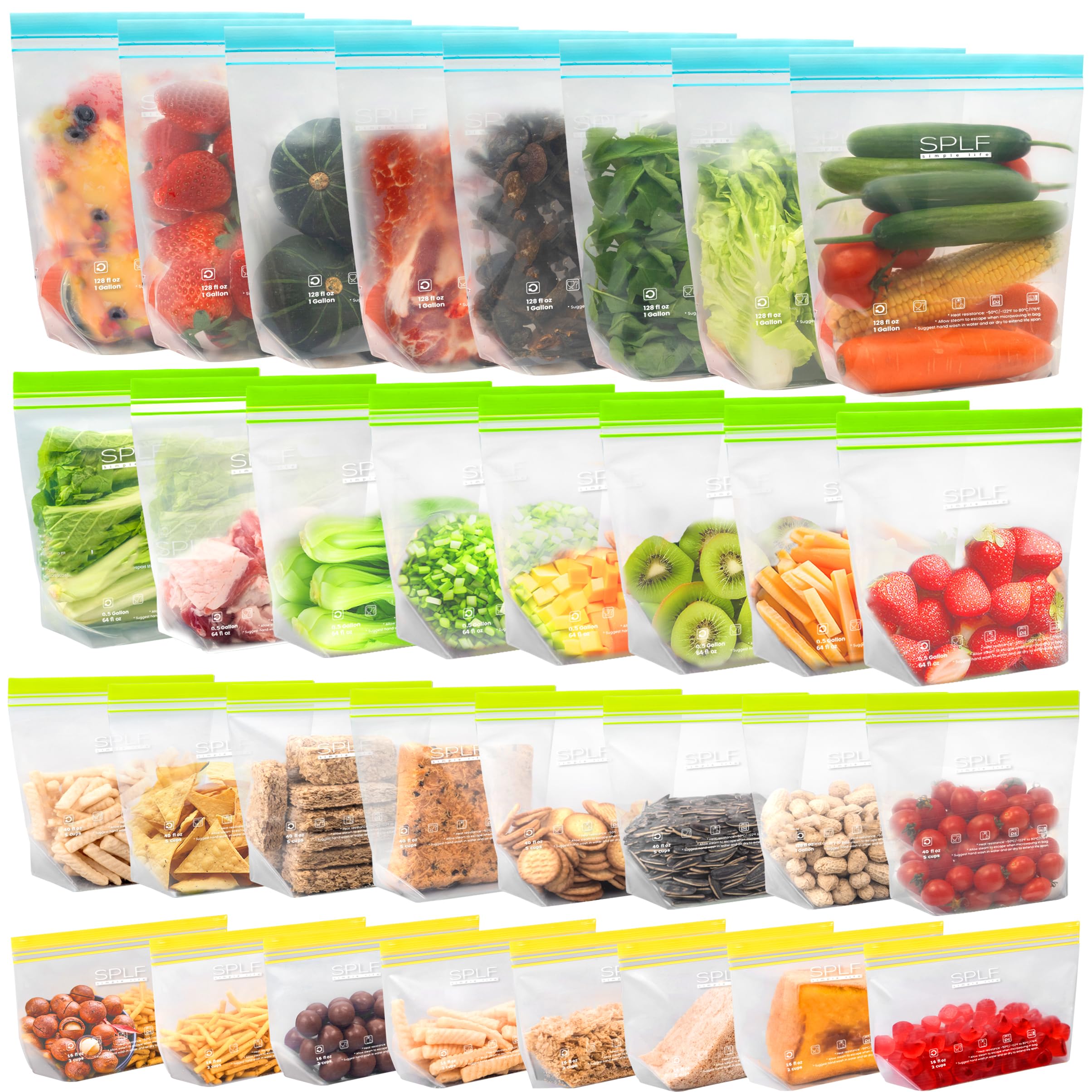 SPLF 32 Pack Reusable Food Storage Bags Dishwasher Microwave Safe