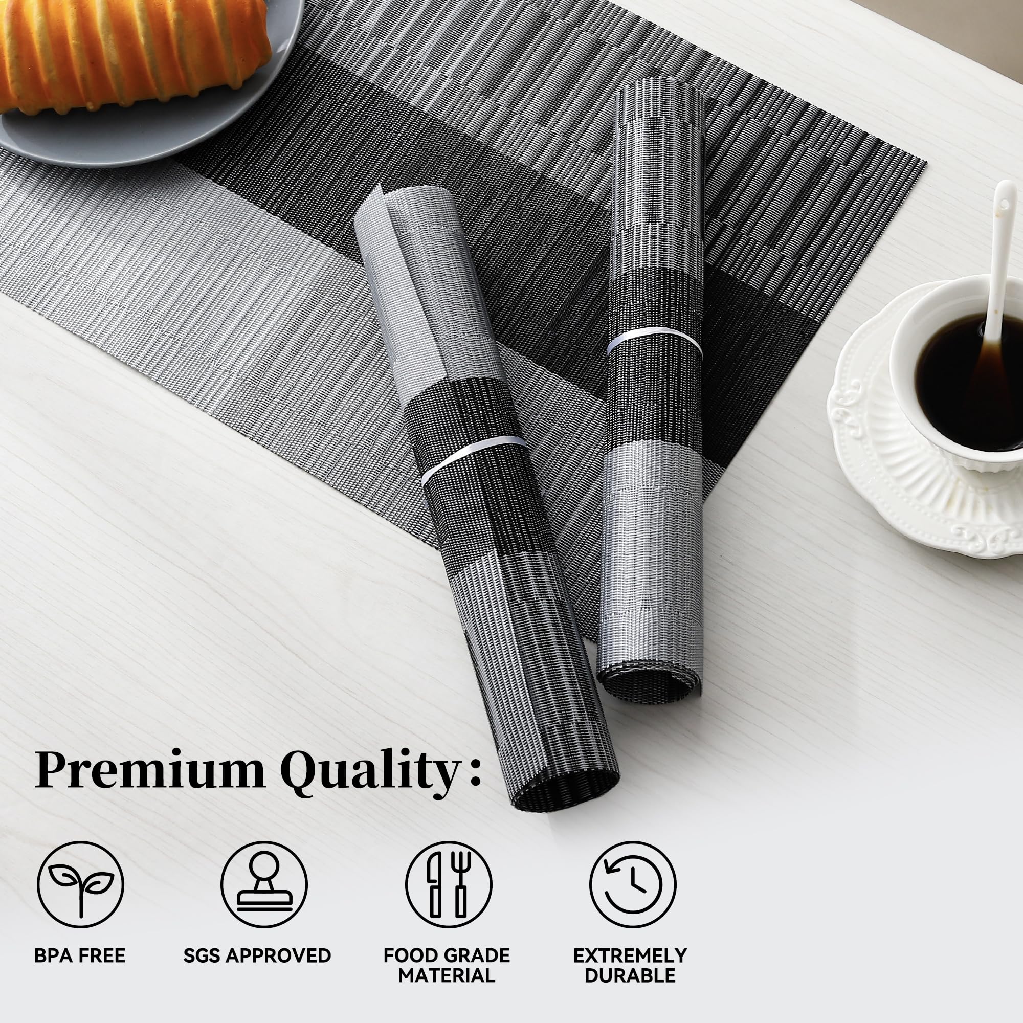 Leetaltree Grey With White Striped Placemats Set Of 8 - Heat Resistant Non-Slip Place Mats For Dining Table, Washable Durable Pv