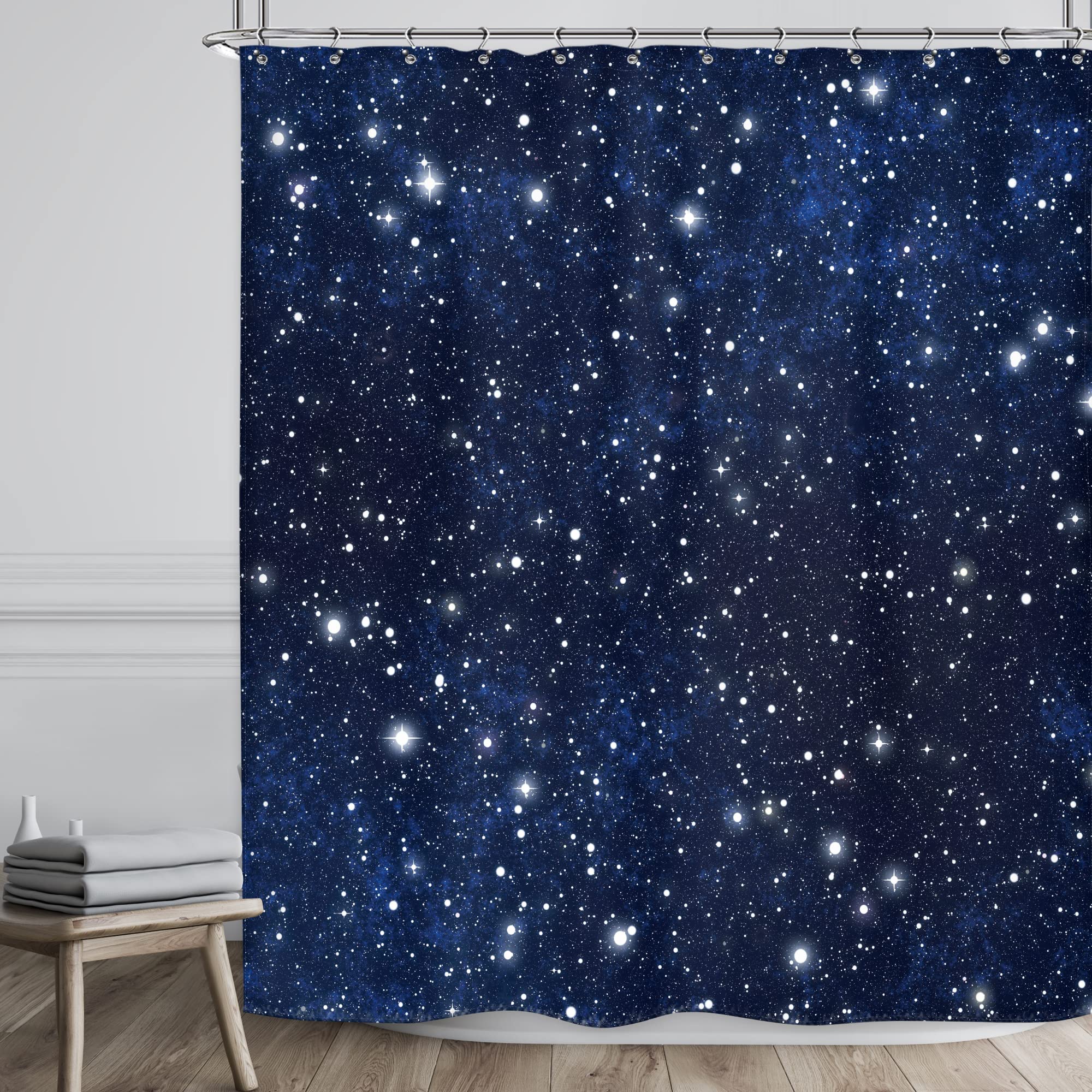 Riyidecor Night Sky Space Shower Curtain (No Glitter) Star Bathroom Decor 72Wx72H Inch Backdrop Dark Blue Cosmic Starry Fantasy