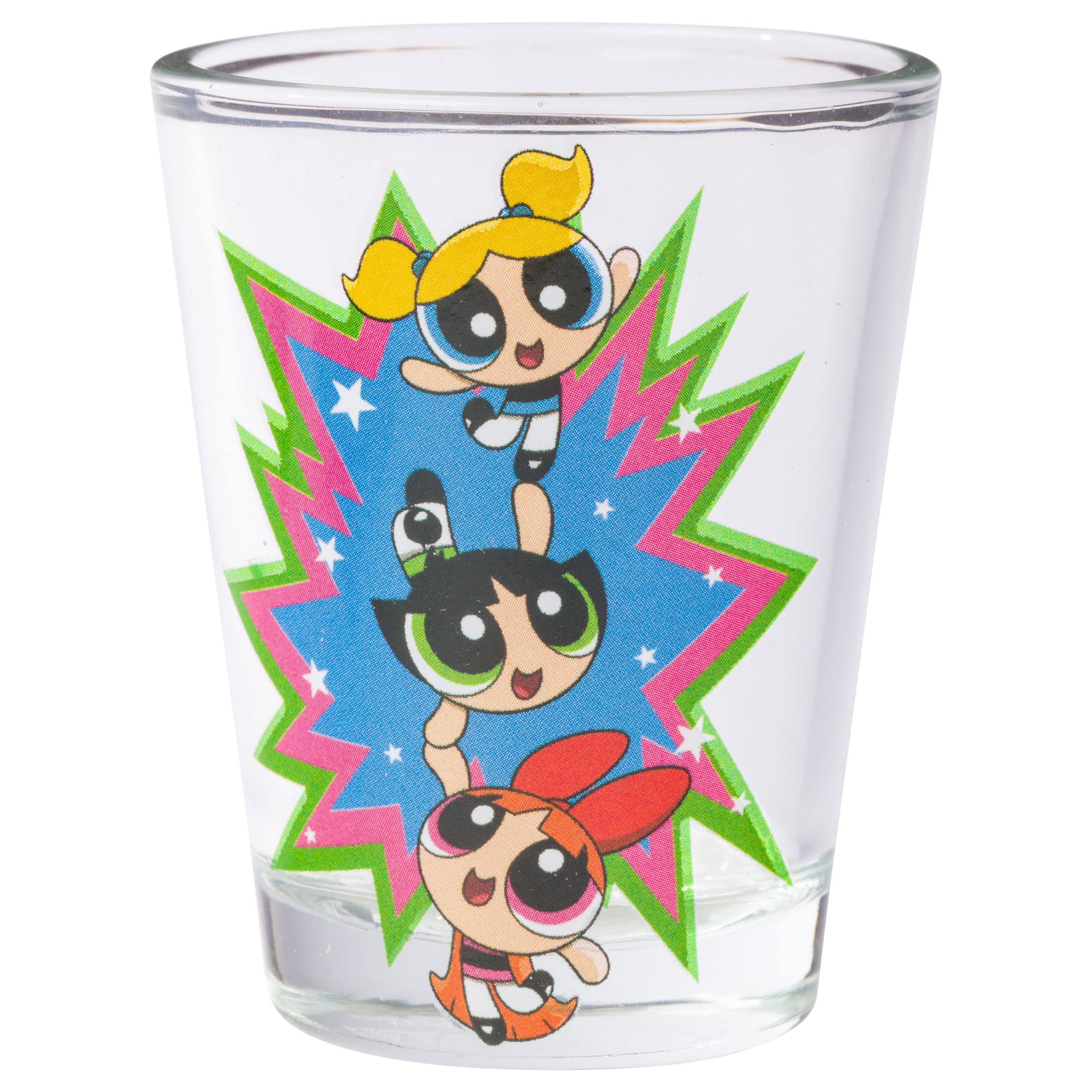 Silver Buffalo The Powerpuff Girls Featuring Blossom, Bubbles, And Buttercup 4 Pack Mini Glass Set, 1.5 Ounces