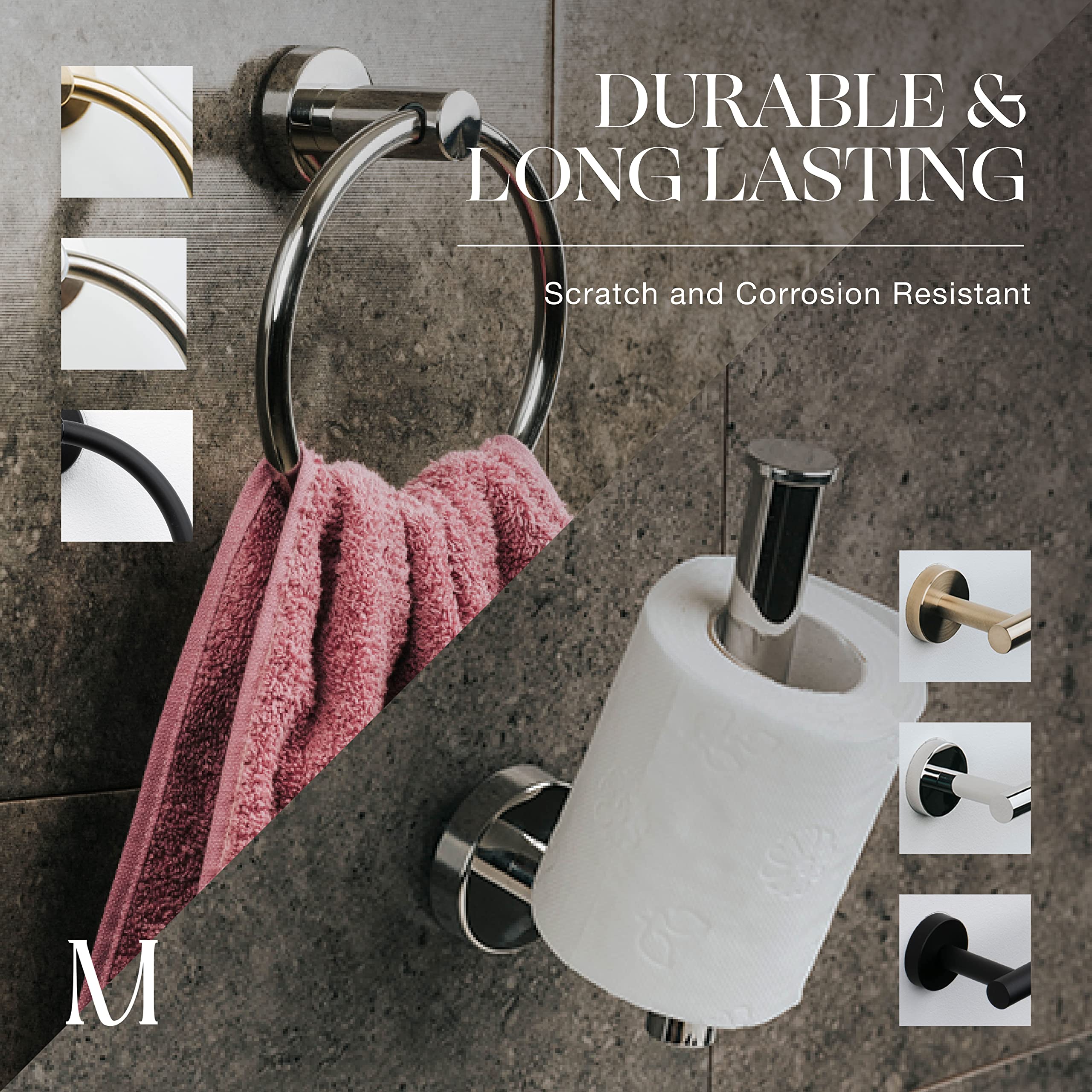 Marmolux Acc 2 PCS Chrome Bathroom Hardware Set - Hand Towel Holder for Bathroom Wall + Toilet Paper Holder Wall Mount | Towel Holder Hanger Rack Stainless Steel Bathroom Set