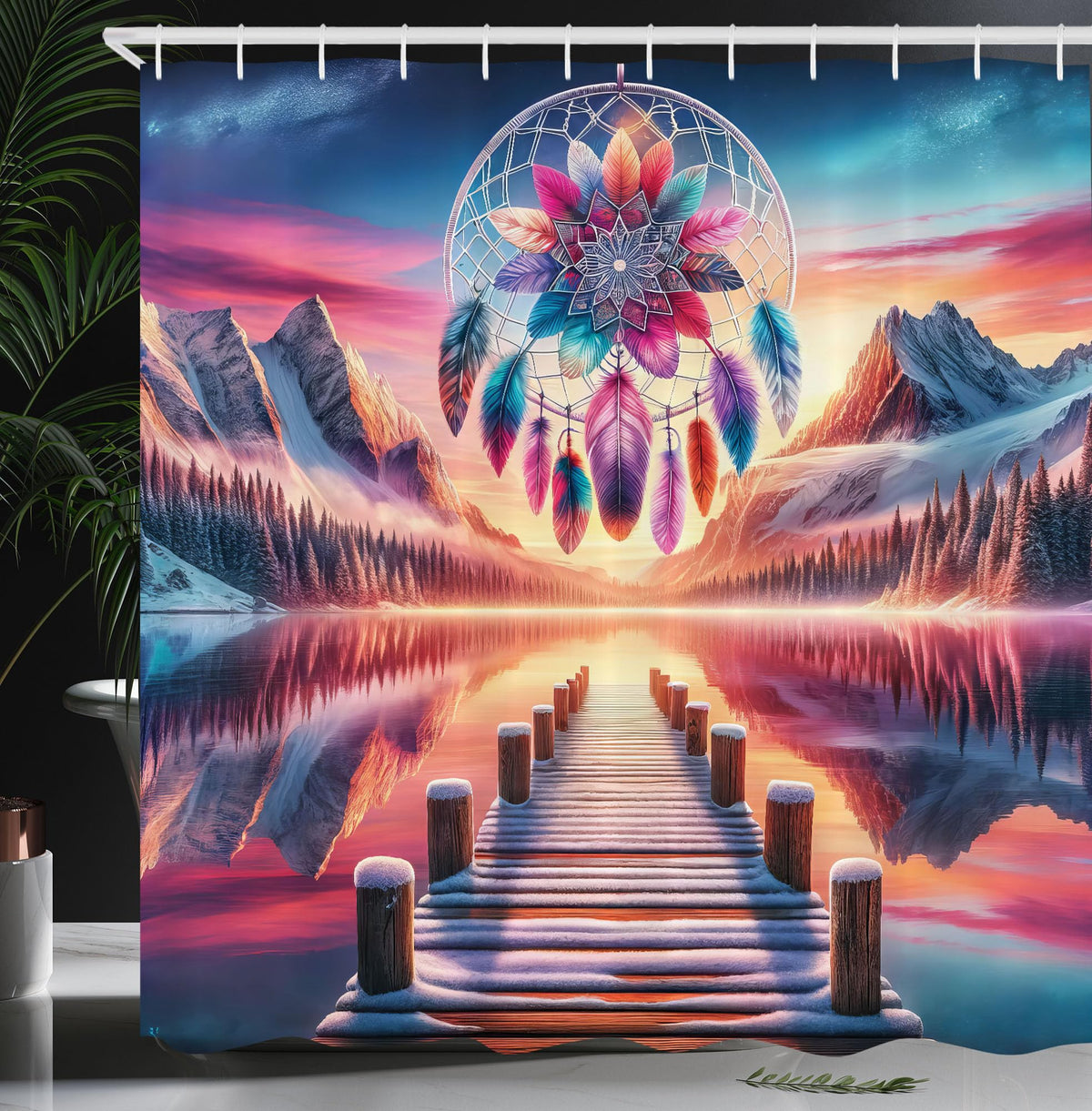 Ambesonne Lake Shower Curtain, Pure Wild Mountains Sunset Sky Dreamcatcher Feathers In Psychedelic Colors, Cloth Fabric Bathroom