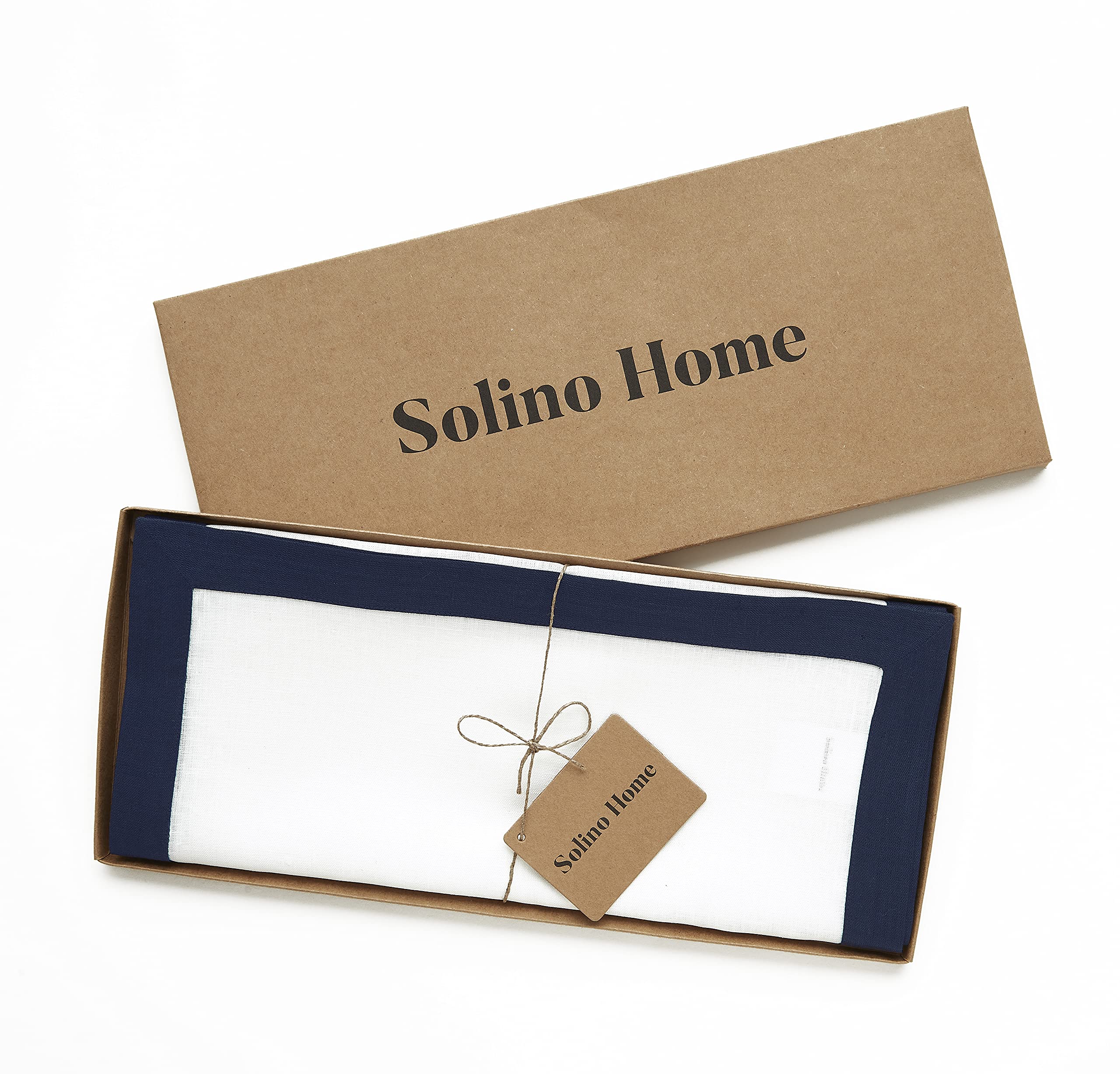 Solino Home Classic Linen Table Runner - 100% Pure Linen 14 x 108 Inch Long Table Runner for Spring  Summer  Memorial Day - Handcrafted from European Flax and Machine Washable - Navy and White