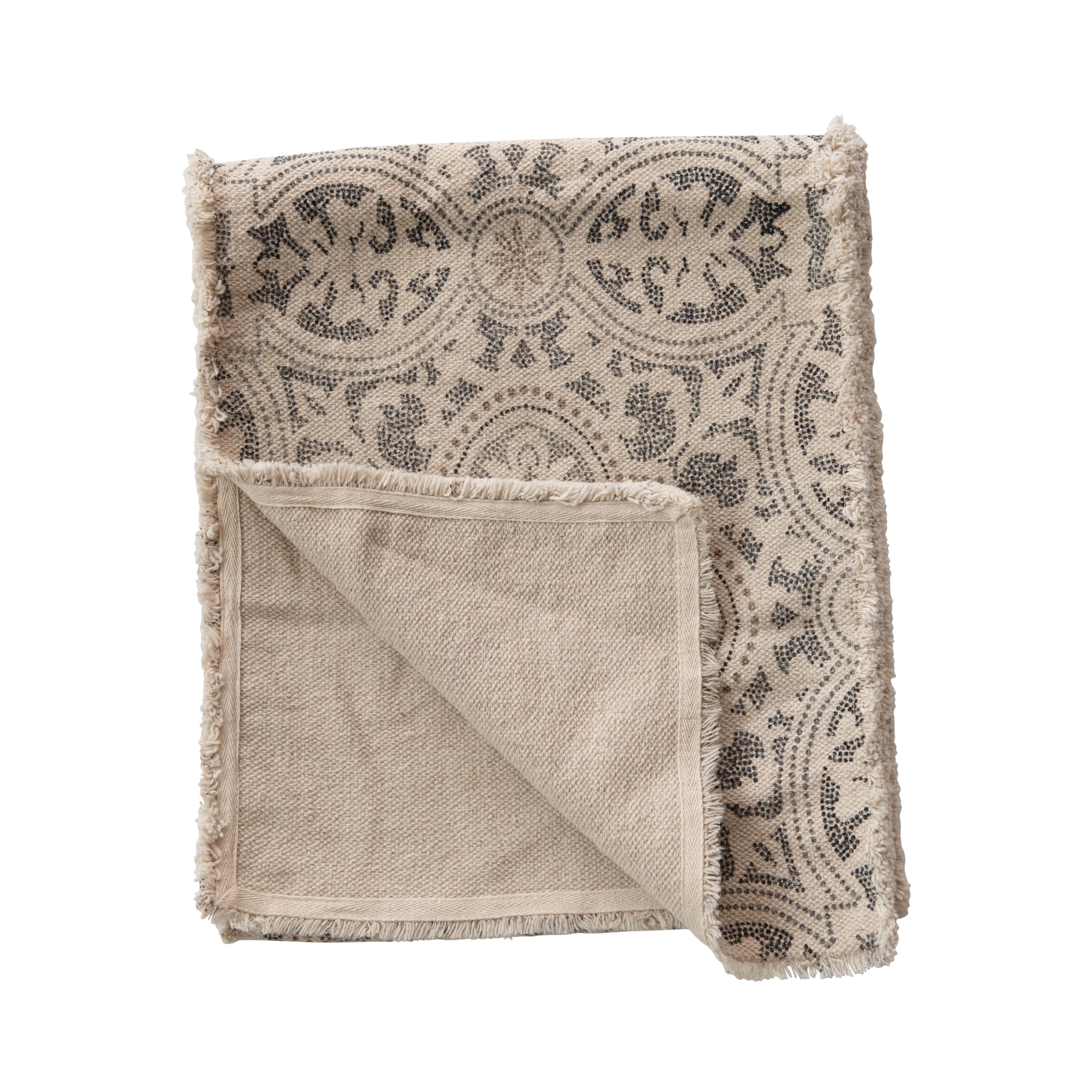 Bloomingville Grey And Cream Cotton Printed Table Frayed Edge Runner