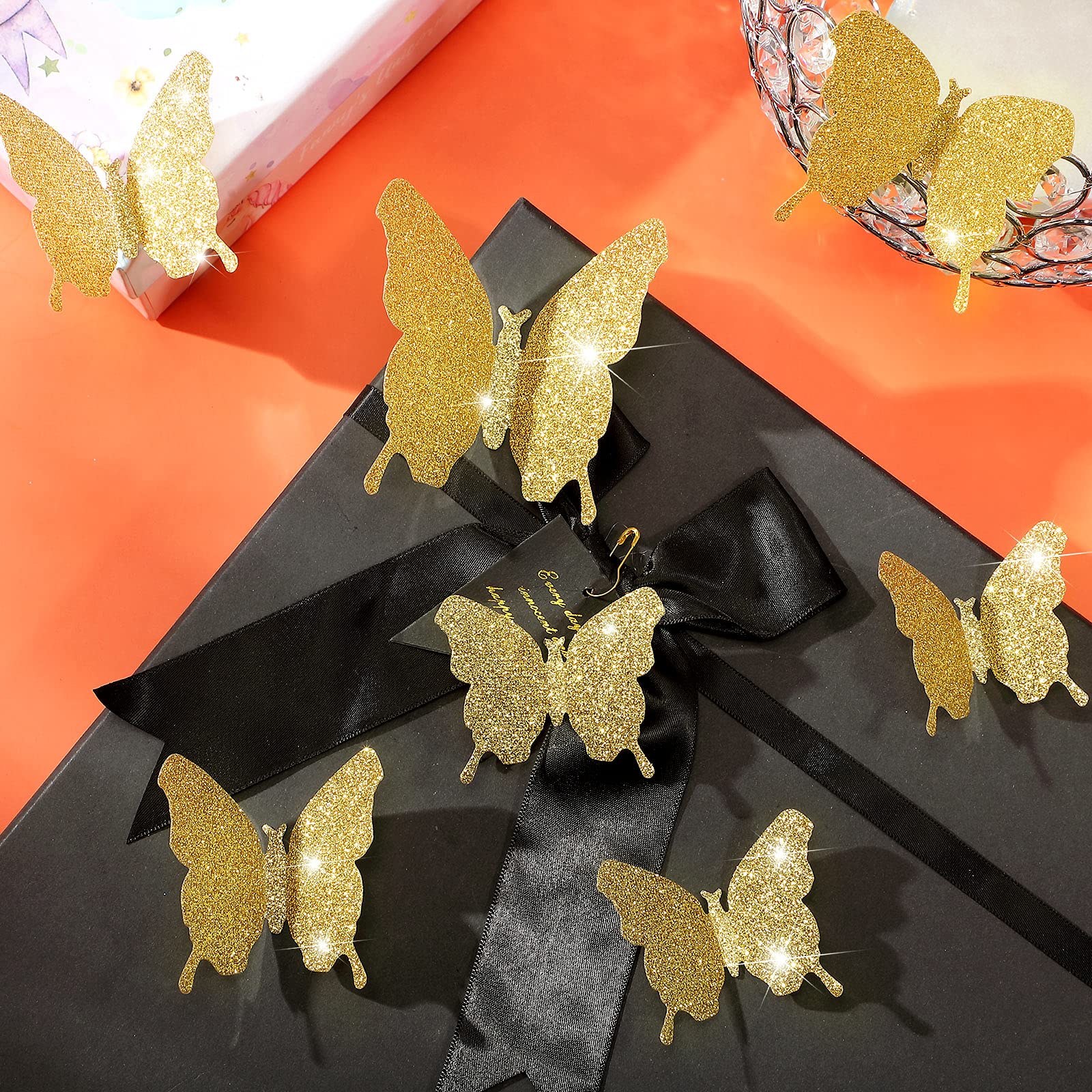 48 Pieces Butterfly Wall Decor Diy Mirror 3D Butterfly Stickers Removable Decals For Home Bedroom Bathroom Living Room Decor(Gli