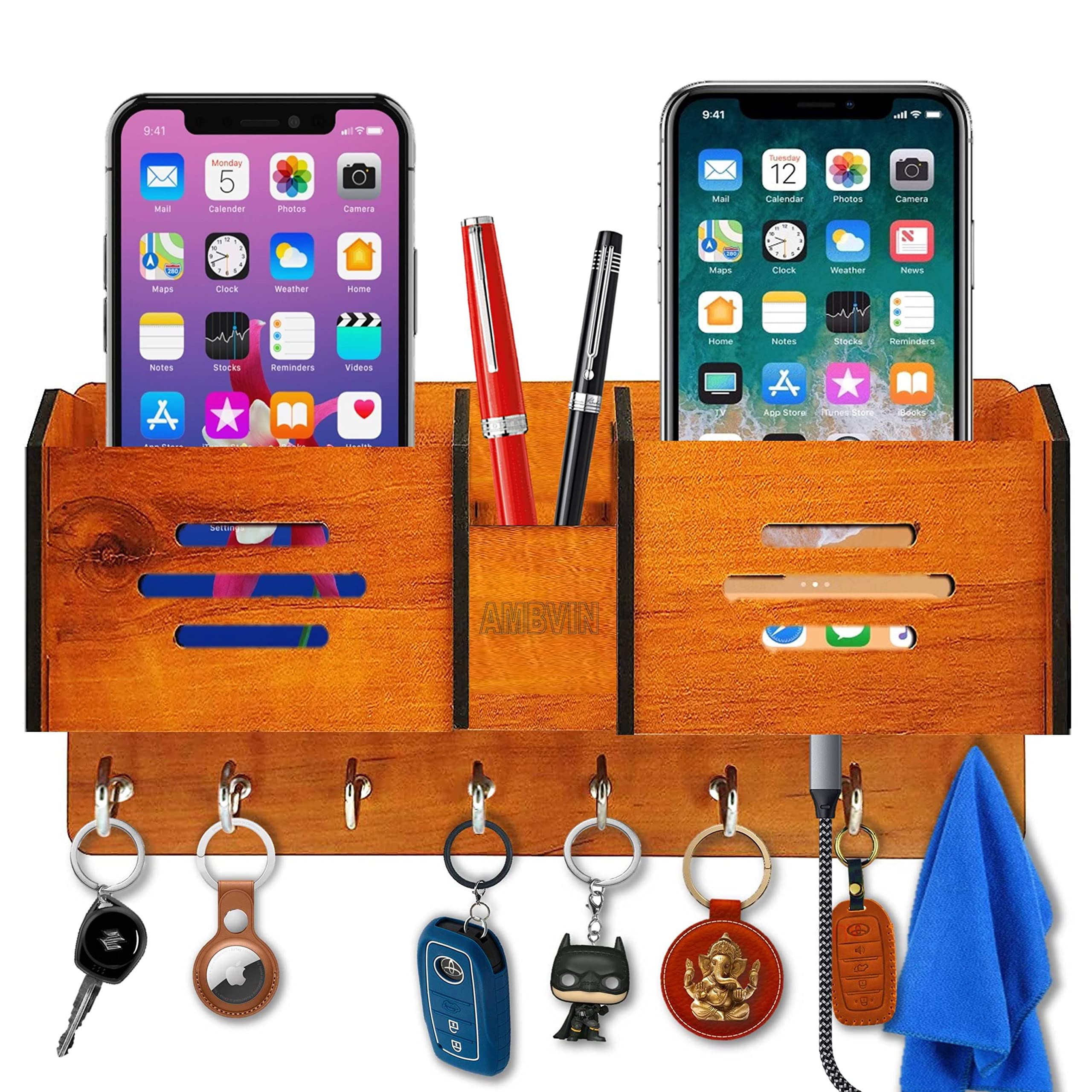 AMBVIN Multipurpose Wooden Key Holder With Mobile Pen Shelf Stylish Wall Stand Key Hanger For Home Decor (8 Hook)