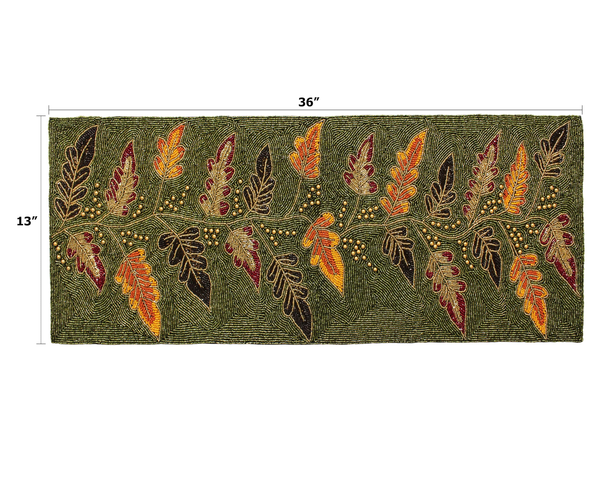 COTTON CRAFT Harvest Beaded Table Runner - Fall Leaves Autumn Foliage Handmade Tablerunner - Thanksgiving Halloween Christmas Ce