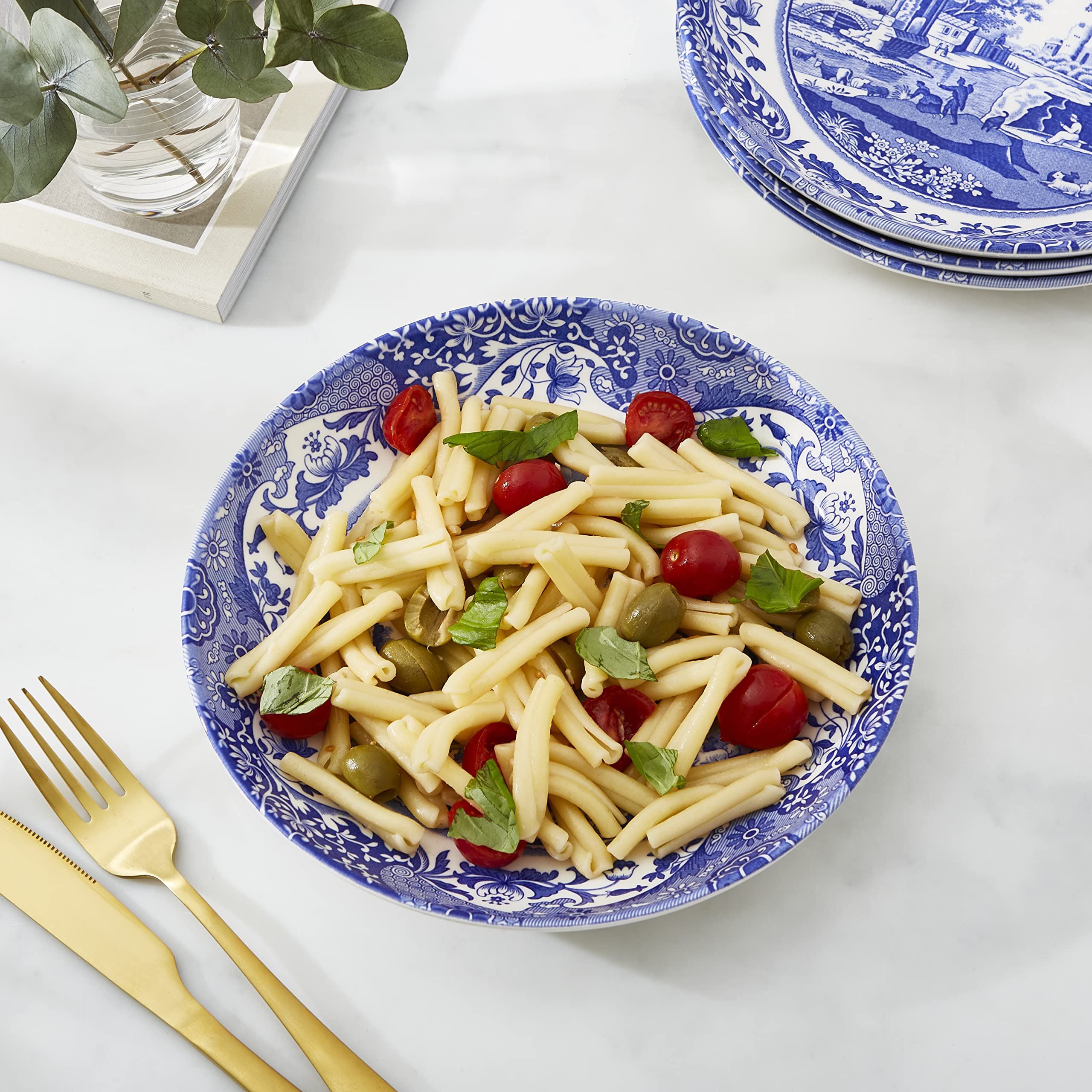 Spode Blue Italian Pasta Bowls | Set Of 4 | 9-Inch | Salad, Pasta, And Soup Serving Bowls | Round, Wide, And Shallow Bowl | Micr