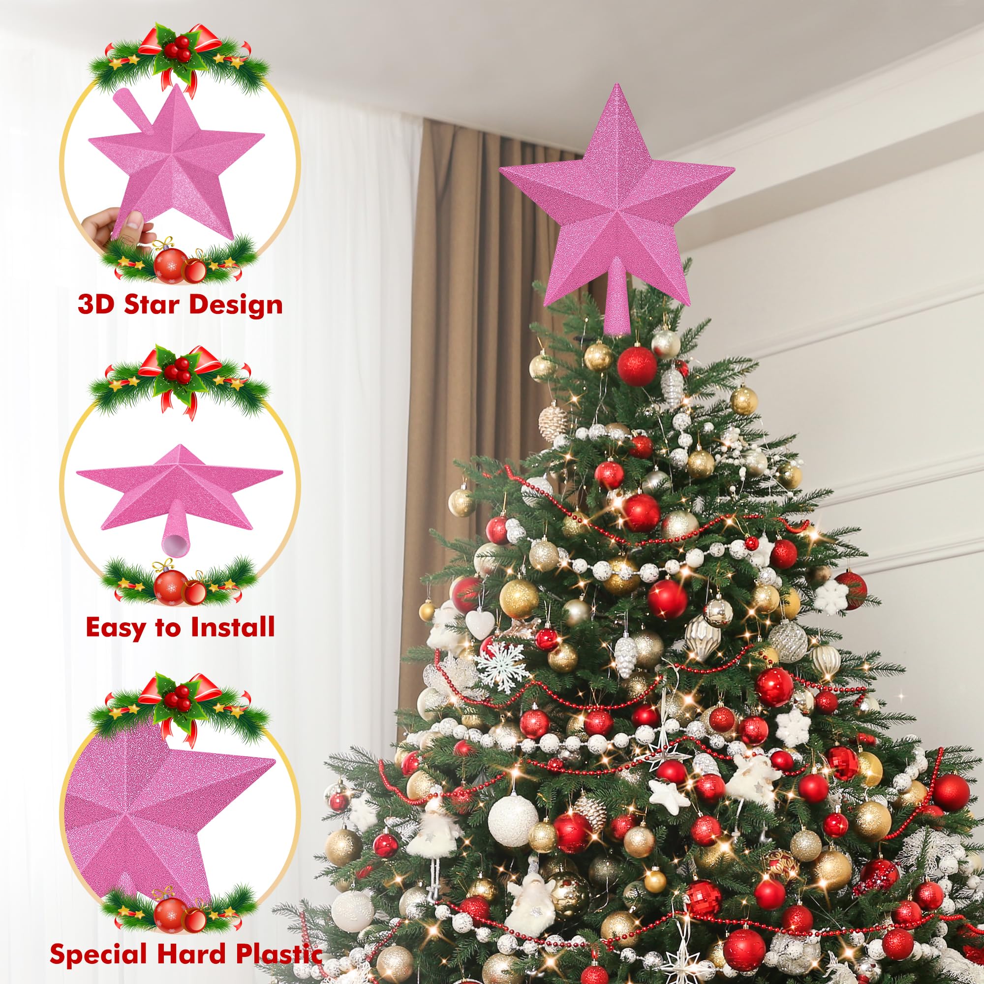 Christmas Tree Topper Decoration, 10 Black Christmas Tree Topper Star Accessories, Large Xmas Glitter Bethlehem Tree Ornament, W