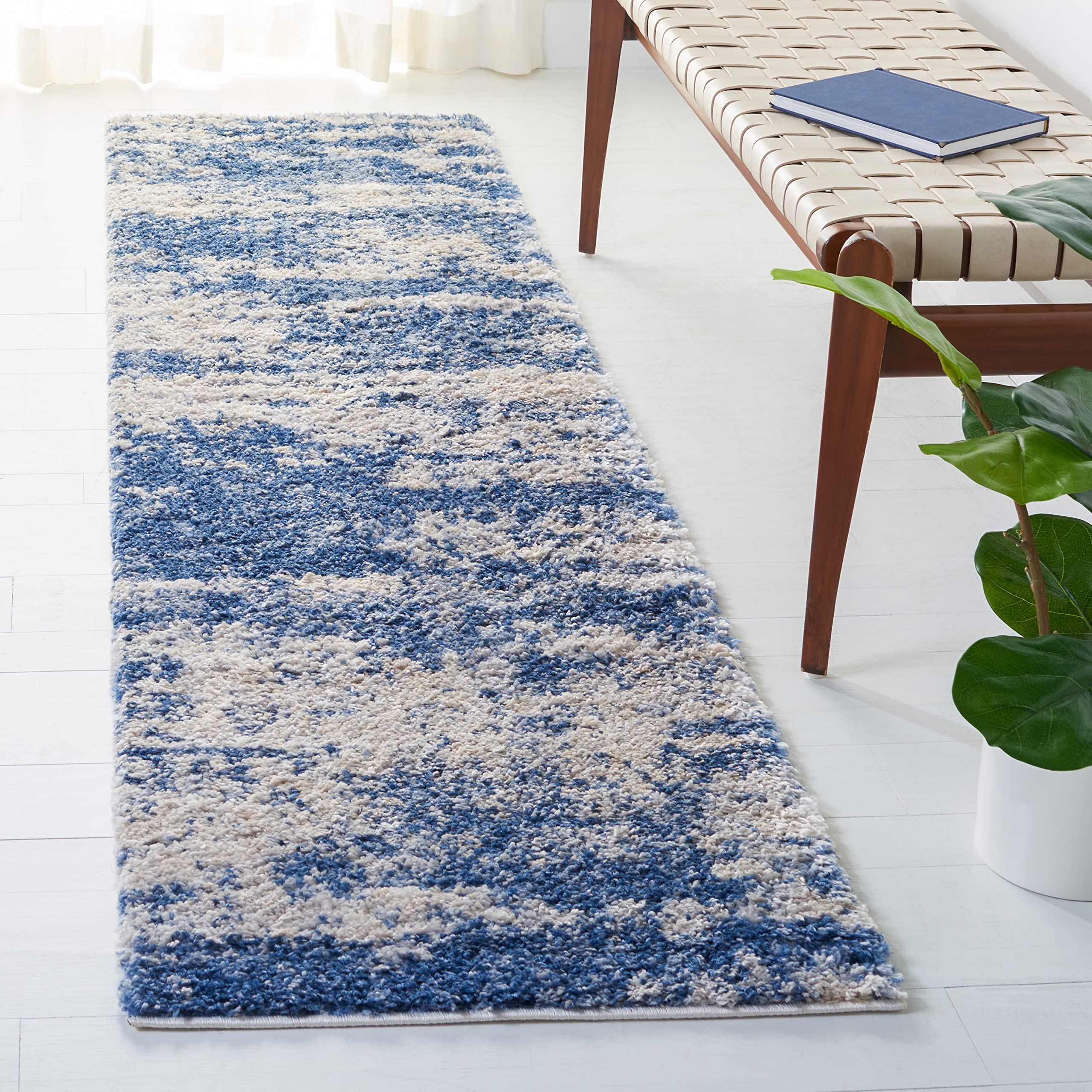 SAFAVIEH Berber Shag Collection Runner Rug - 2 x 8, Beige & Blue, Modern Abstract Design, Non-Shedding & Easy Care, 1.2-inch T