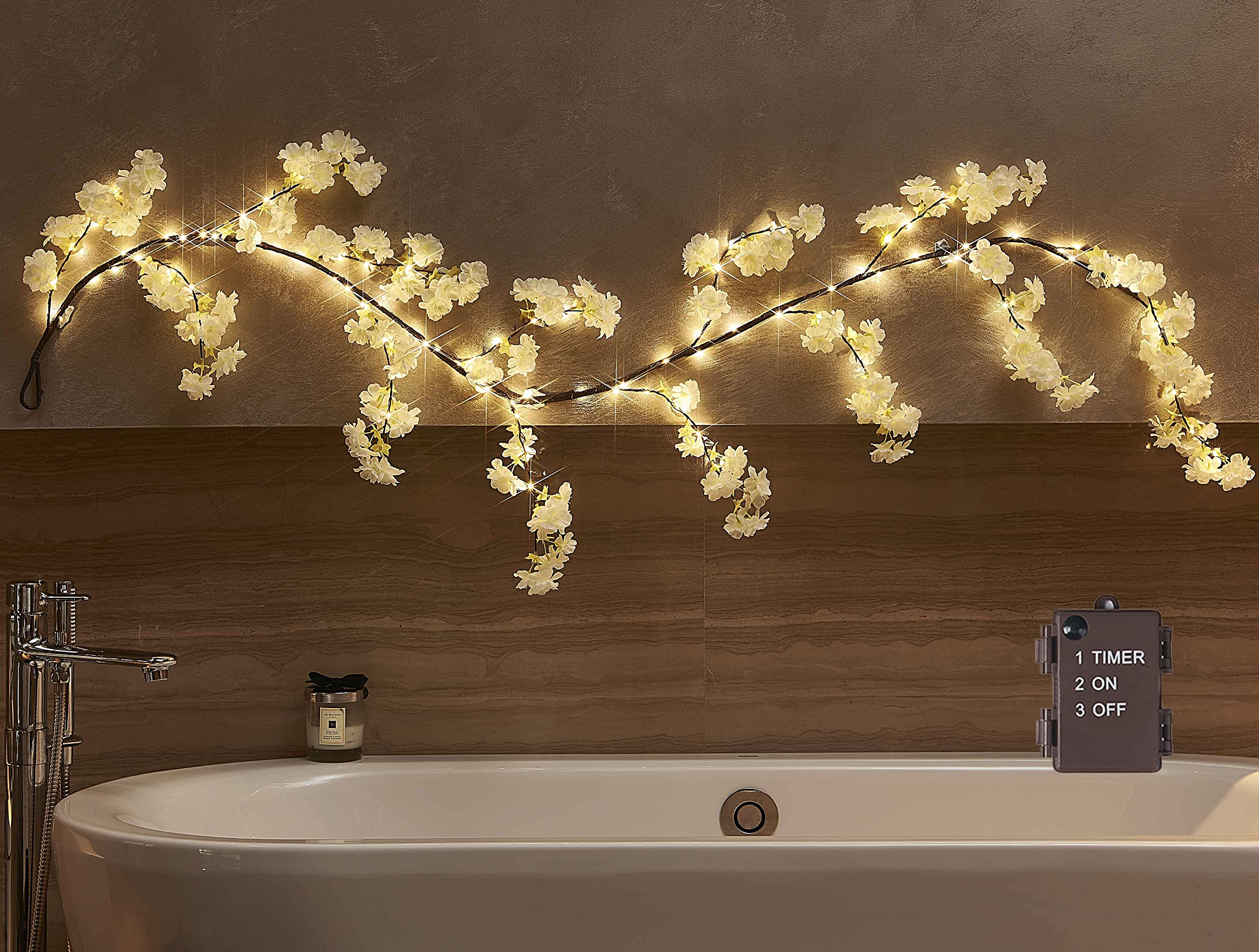 LITBLOOM Cherry Blossom Garland with Lights Battery Operated with Timer 96 Fairy Lights 6FT, Lighted White Flower Garland for Ma